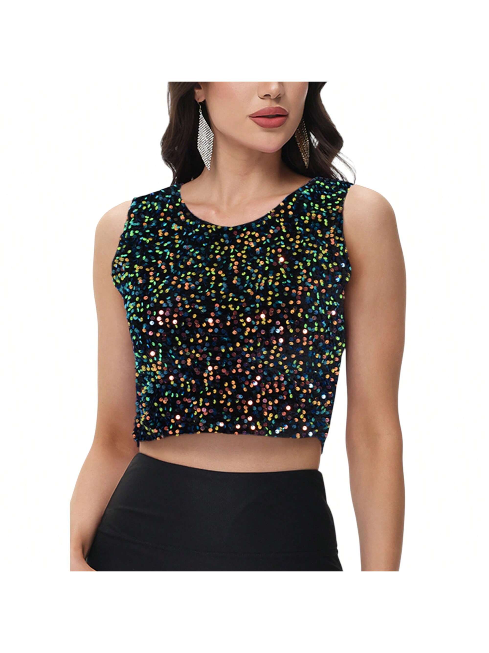 Women's Sequin Sleeveless Tops Sparkle Glitter Crew Neck Club Party Nightout Cro - Picture 32 of 33