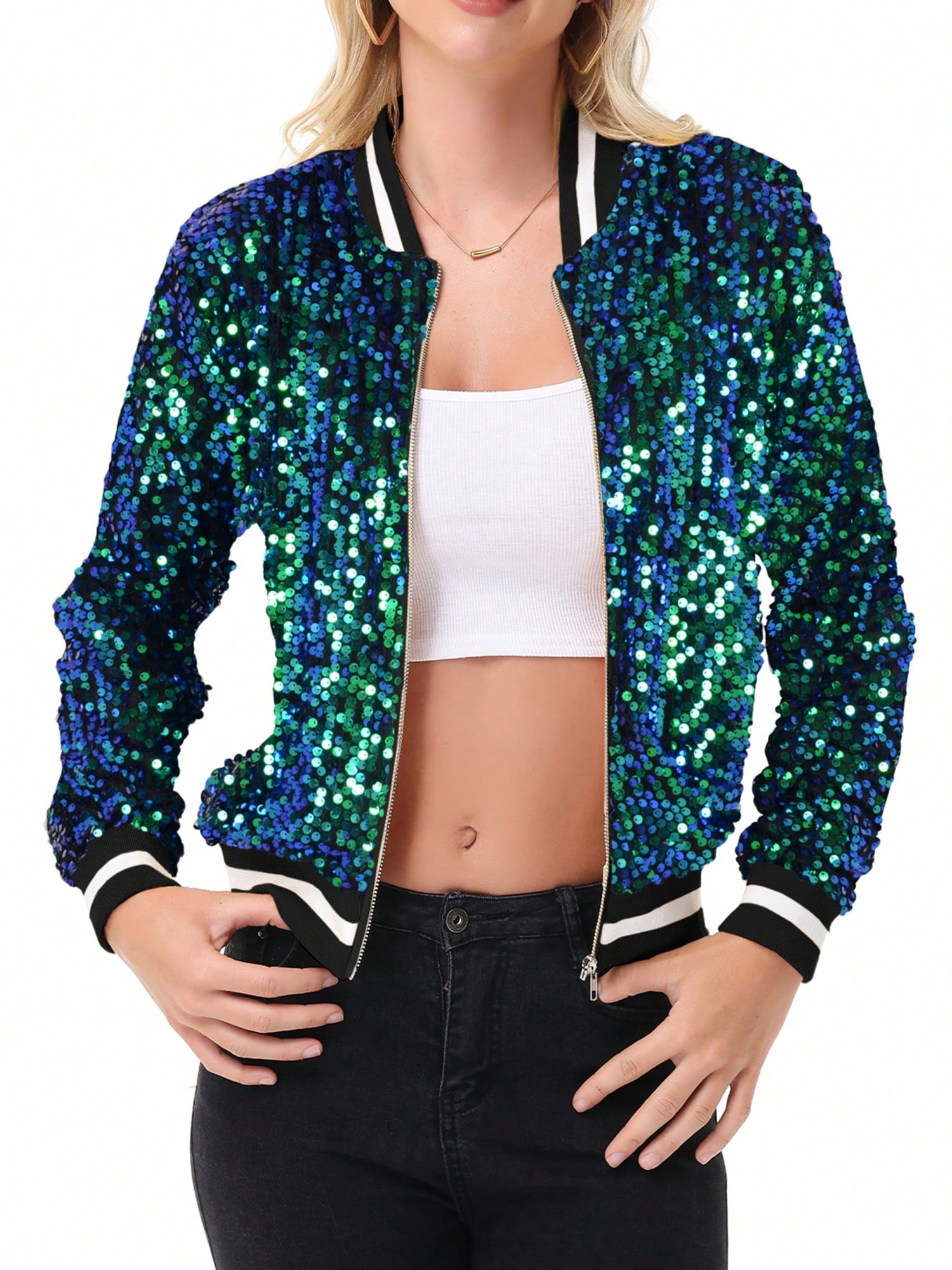 Women's Sparkly Sequin Jacket Long Sleeve Zipper Glitter Bomber Jacket Coat With - Picture 33 of 35