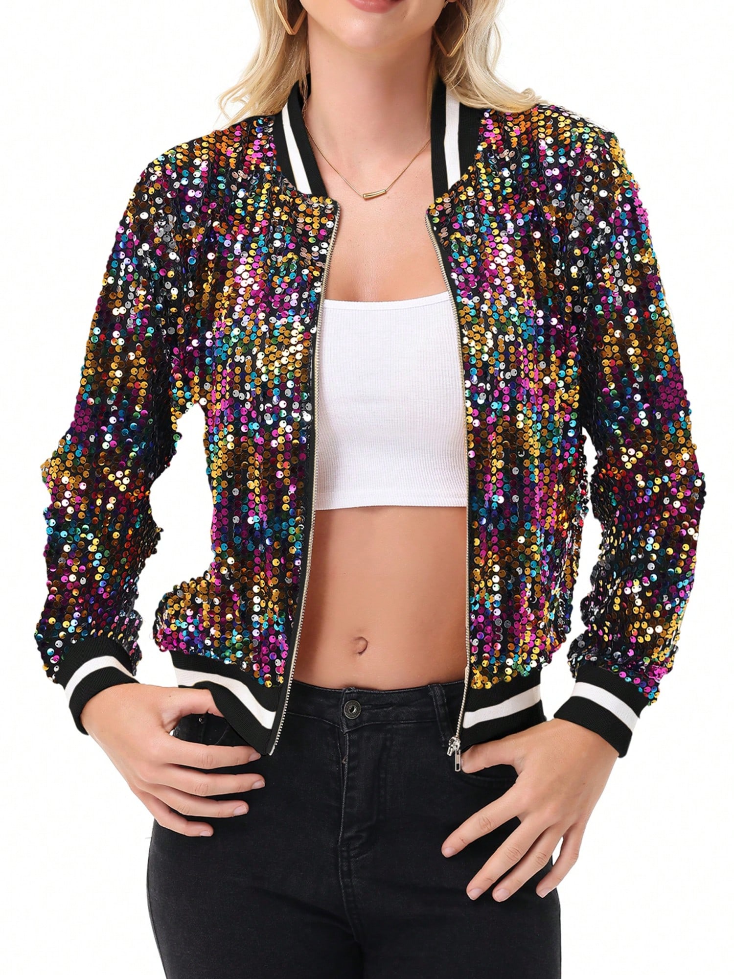 Women's Sparkly Sequin Jacket Long Sleeve Zipper Glitter Bomber Jacket Coat With - Picture 34 of 35
