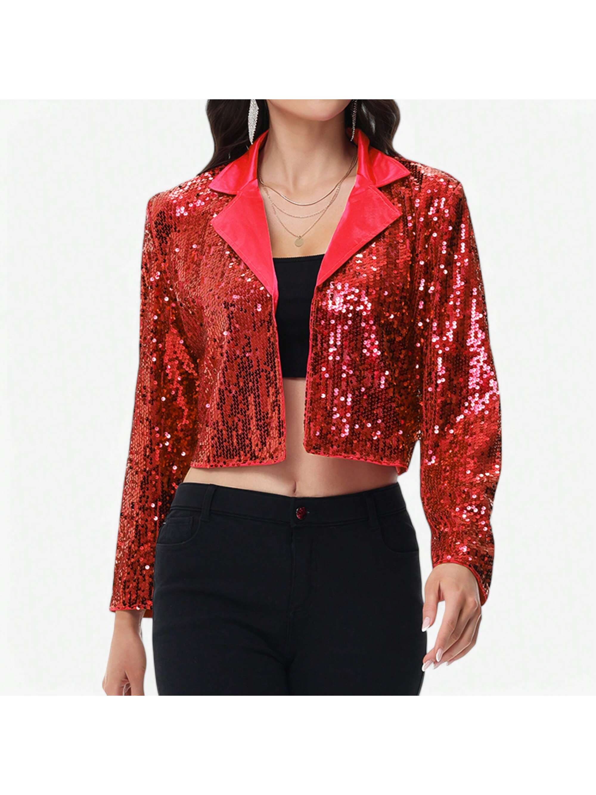 Women's Sparkly Crop Sequin Blazer Jacket Long Sleeve Party Club Cardigan Out - Picture 25 of 34