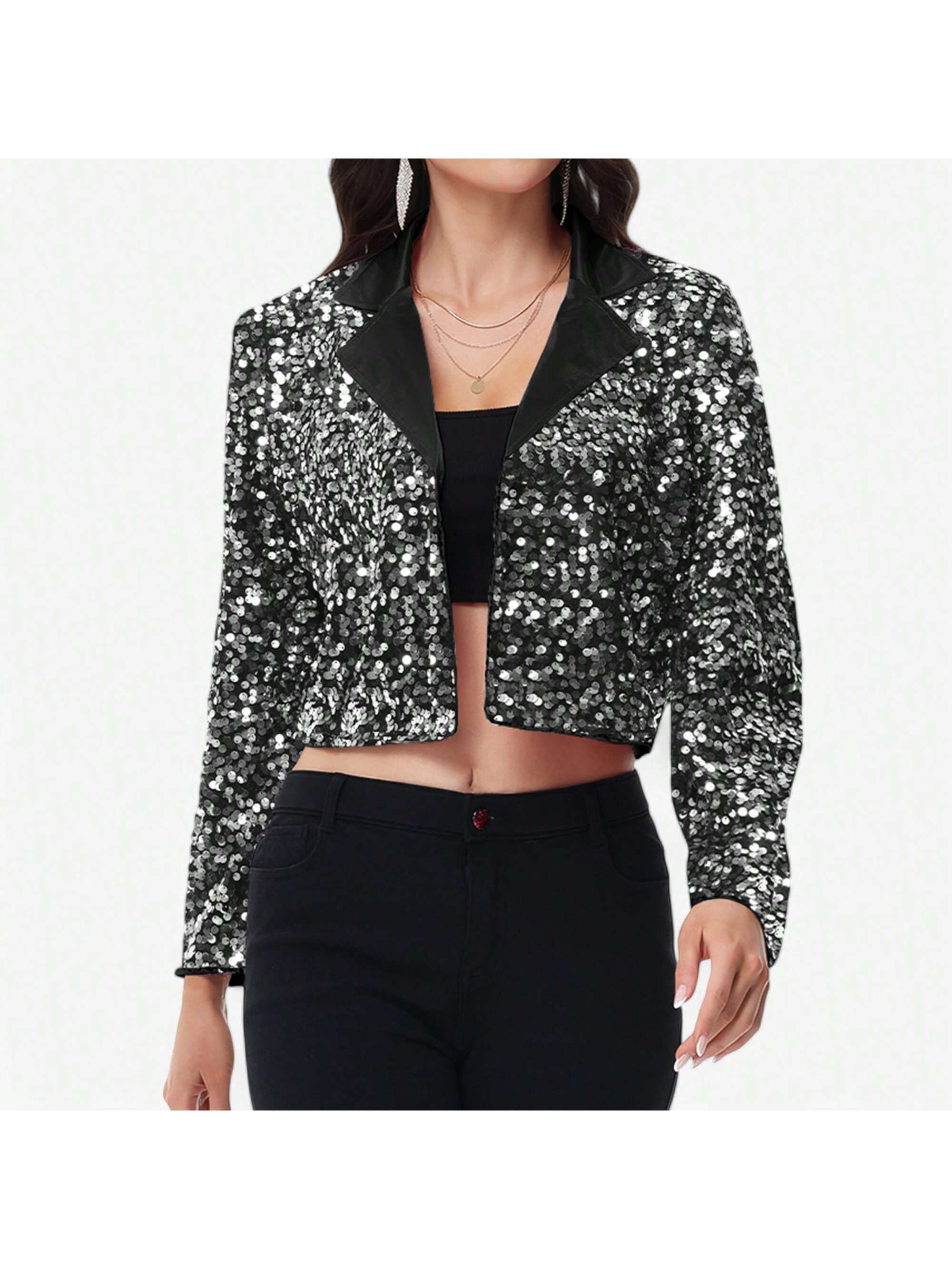 Women's Sparkly Crop Sequin Blazer Jacket Long Sleeve Party Club Cardigan Out - Picture 26 of 34