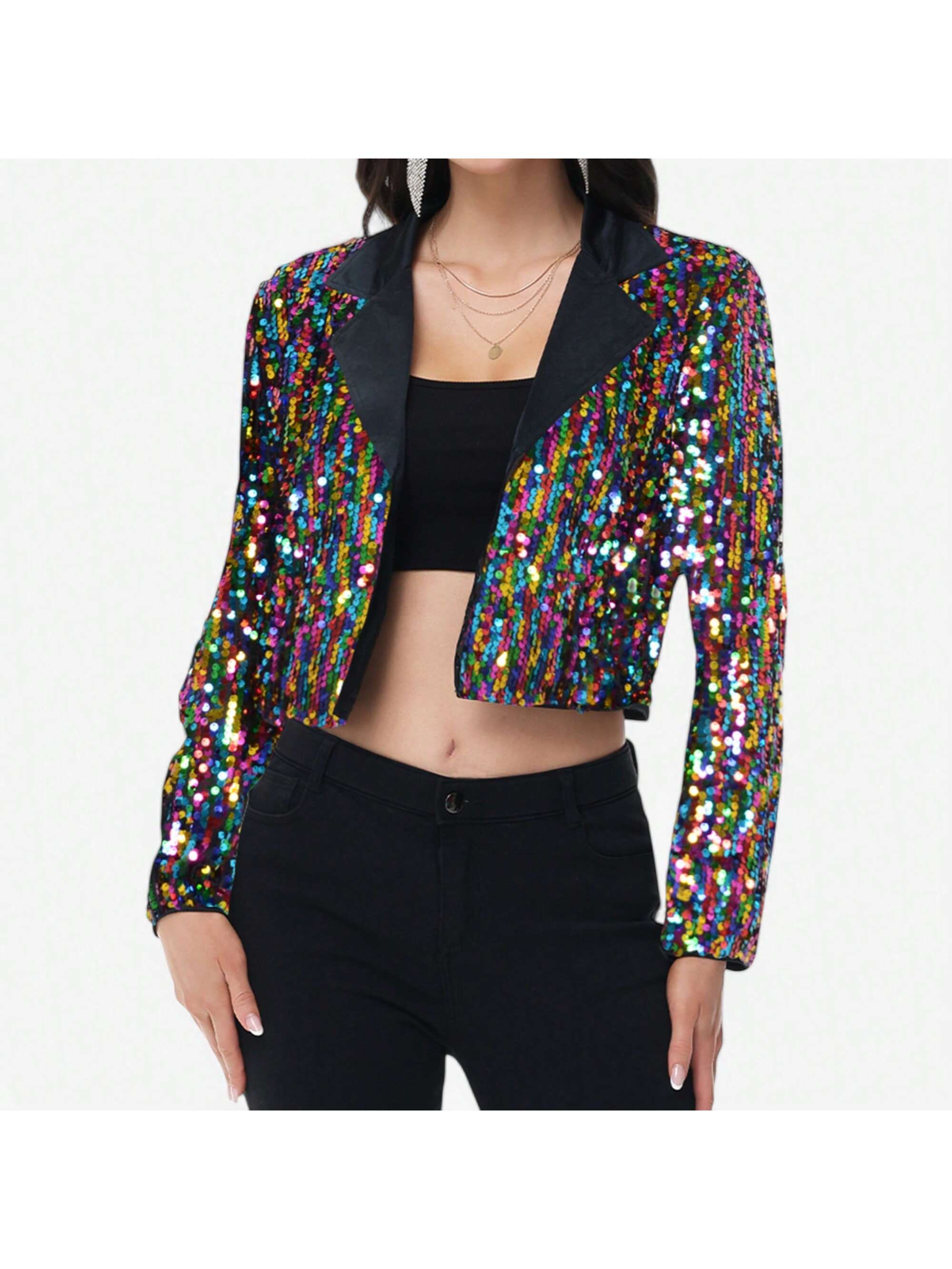 Women's Sparkly Crop Sequin Blazer Jacket Long Sleeve Party Club Cardigan Out - Picture 31 of 34