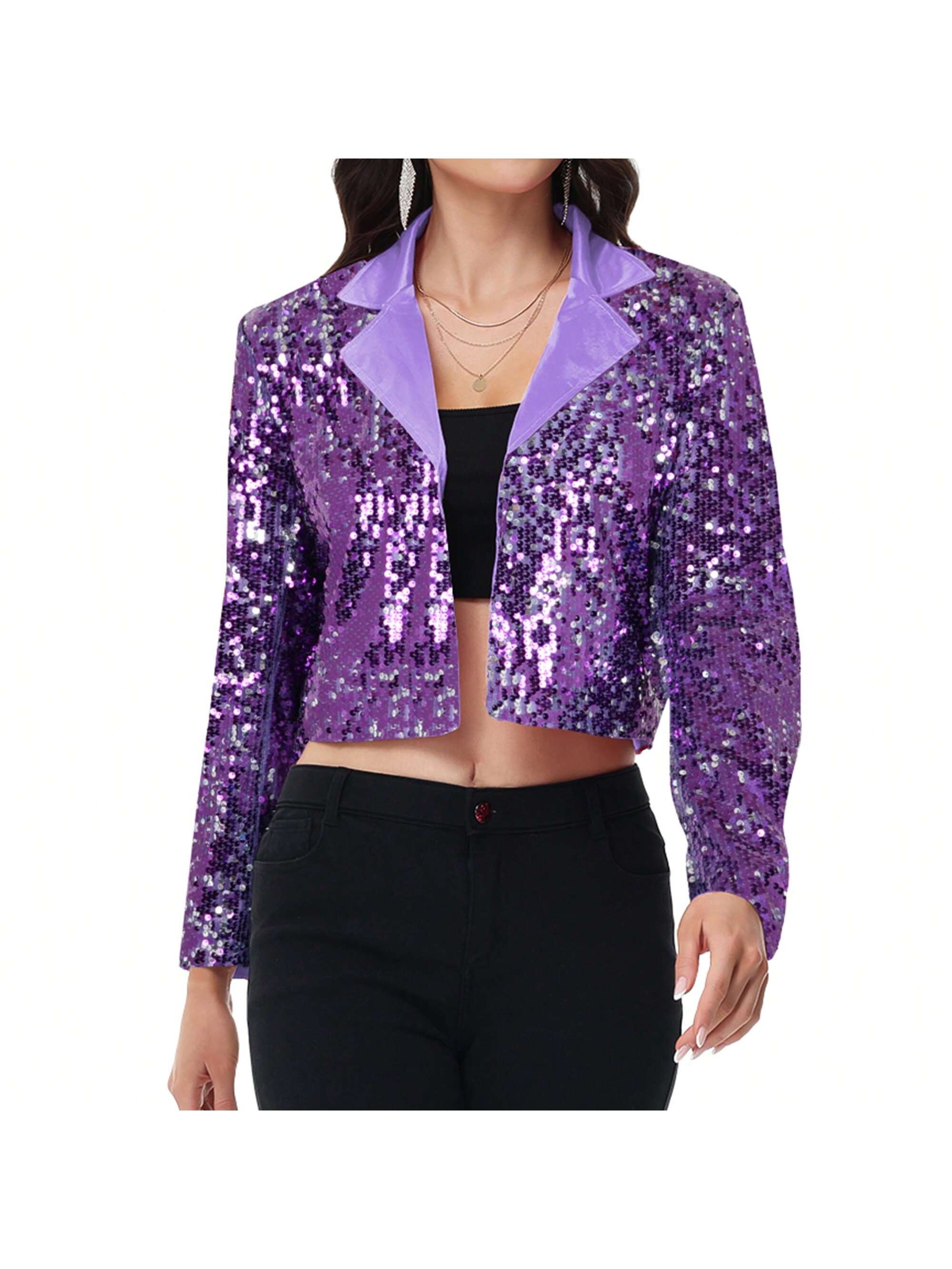 Women's Sparkly Crop Sequin Blazer Jacket Long Sleeve Party Club Cardigan Out - Picture 27 of 34