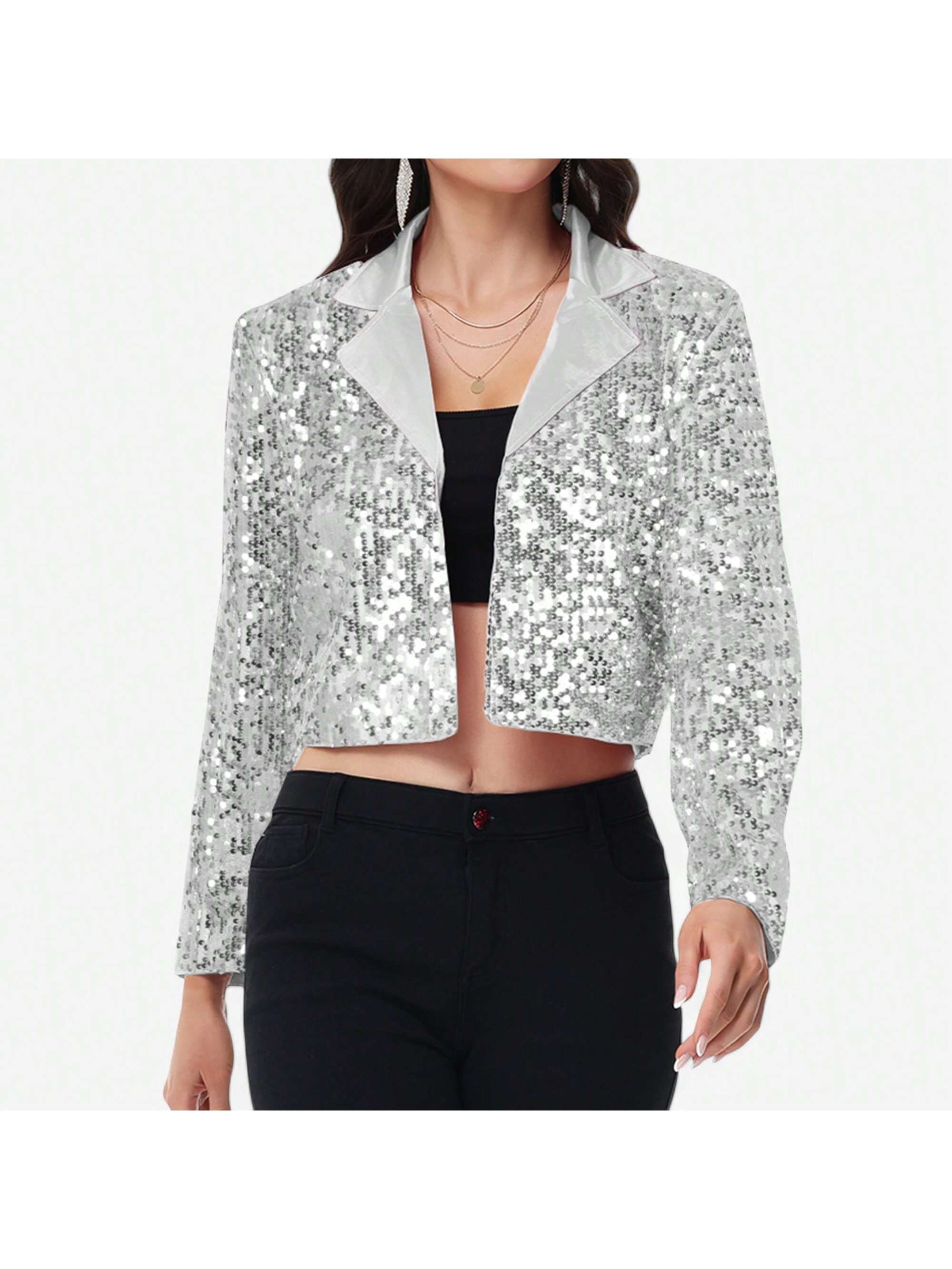 Women's Sparkly Crop Sequin Blazer Jacket Long Sleeve Party Club Cardigan Out - Picture 28 of 34