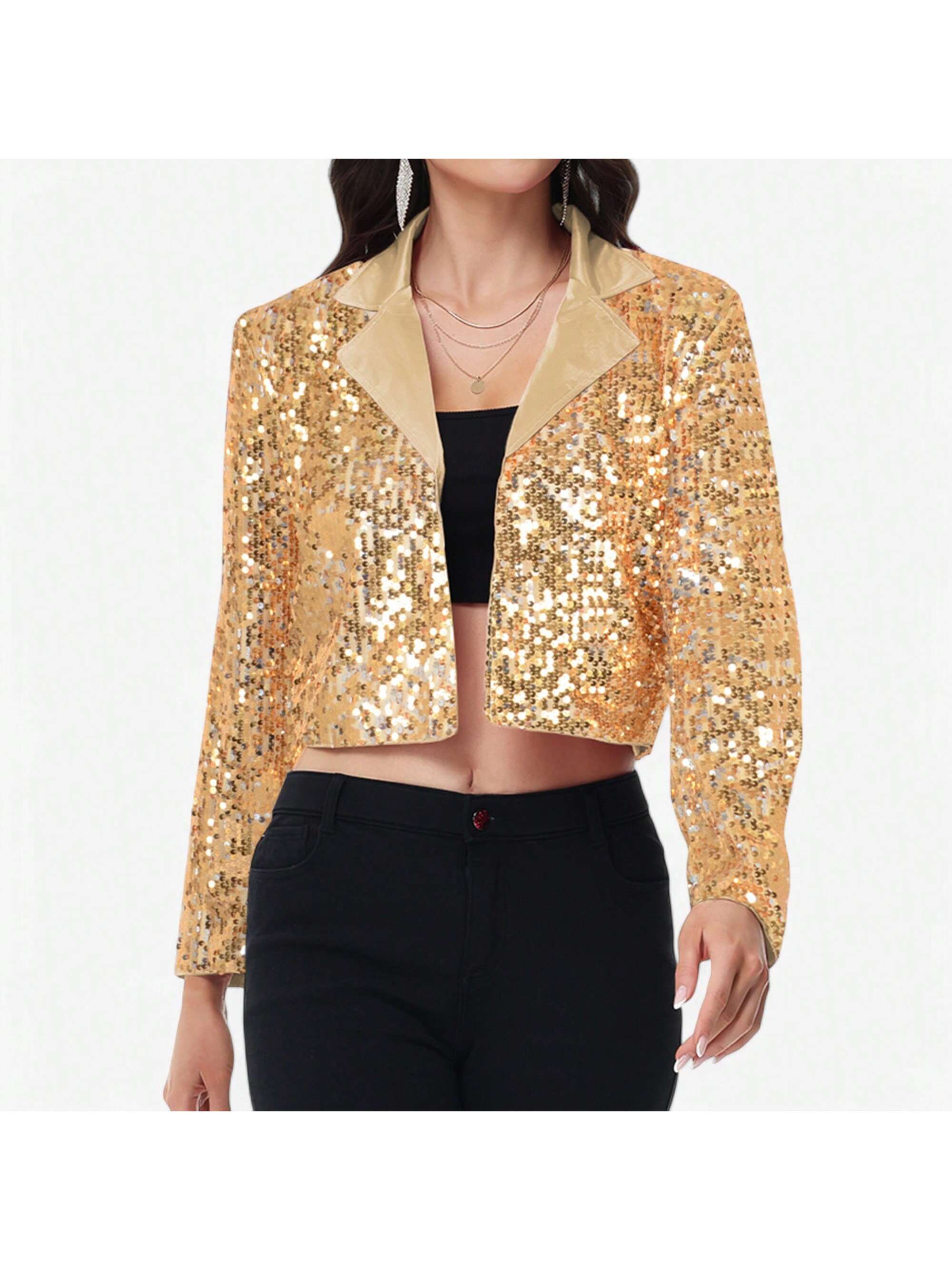 Women's Sparkly Crop Sequin Blazer Jacket Long Sleeve Party Club Cardigan Out - Picture 29 of 34