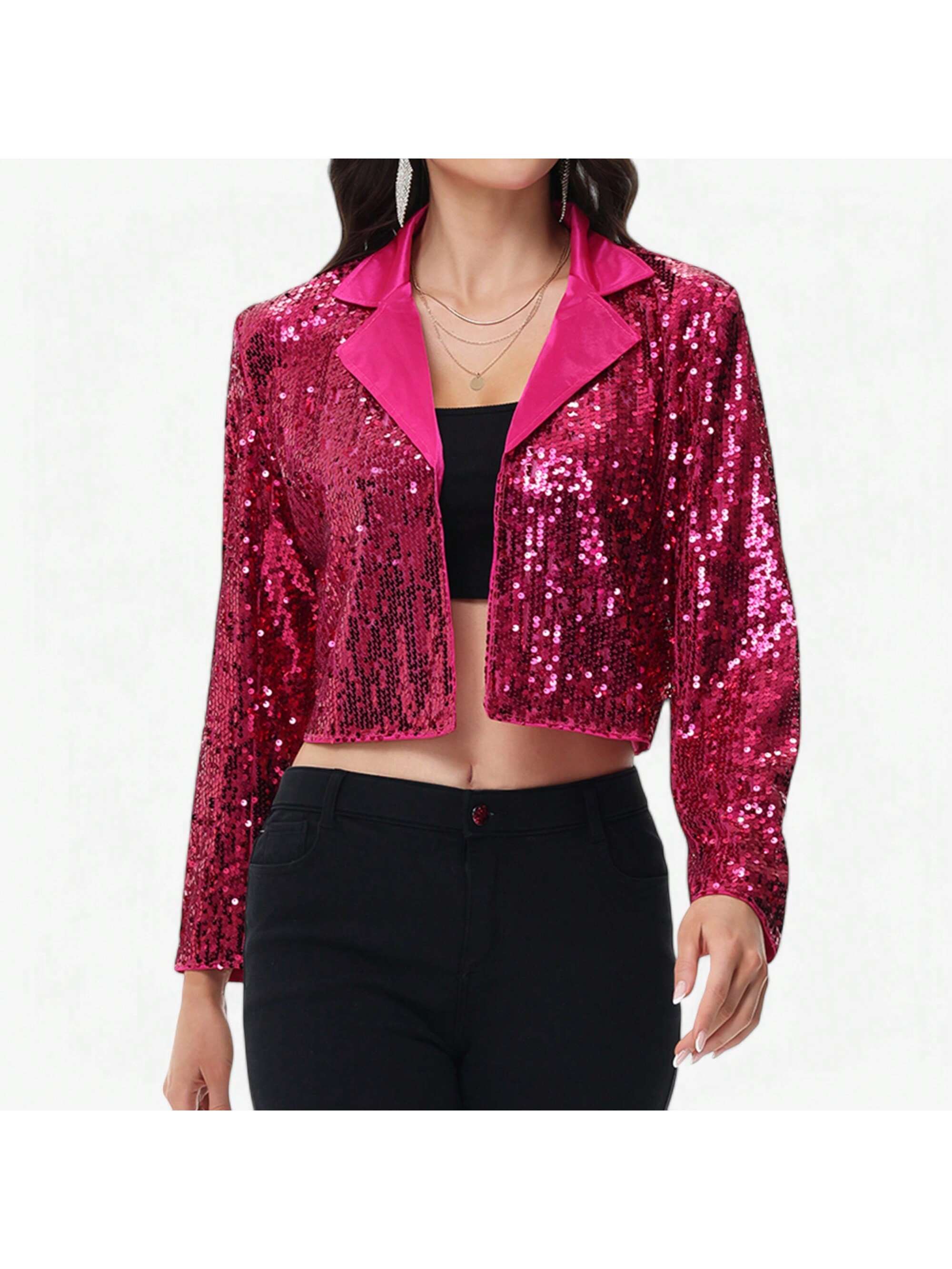 Women's Sparkly Crop Sequin Blazer Jacket Long Sleeve Party Club Cardigan Out - Picture 30 of 34