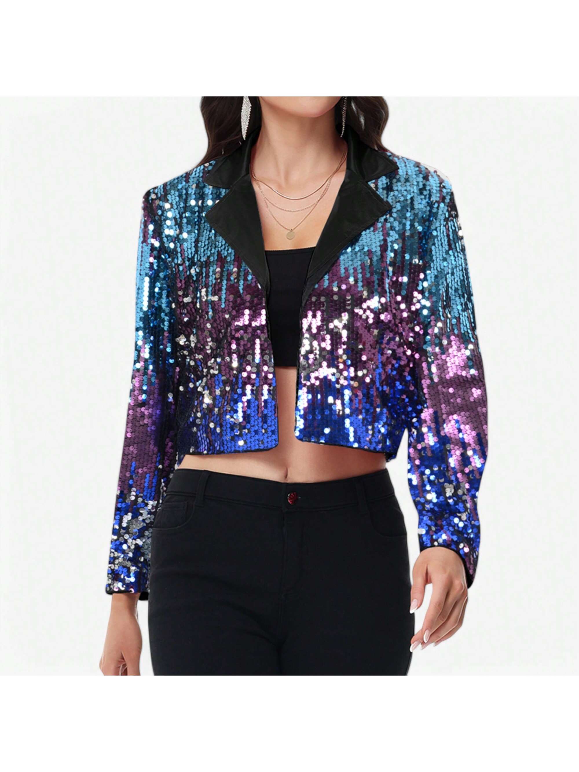 Women's Sparkly Crop Sequin Blazer Jacket Long Sleeve Party Club Cardigan Out - Picture 32 of 34