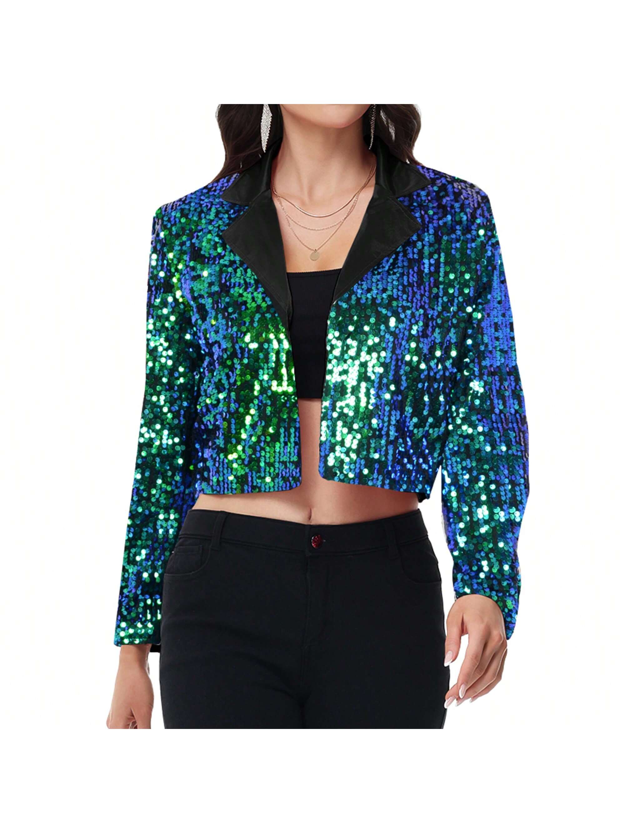 Women's Sparkly Crop Sequin Blazer Jacket Long Sleeve Party Club Cardigan Out - Picture 33 of 34