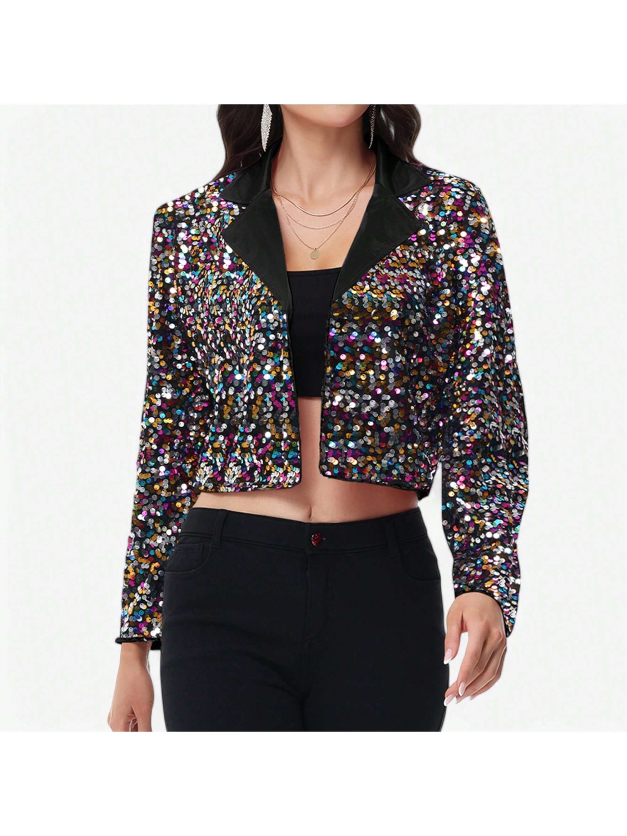 Women's Sparkly Crop Sequin Blazer Jacket Long Sleeve Party Club Cardigan Out - Picture 34 of 34