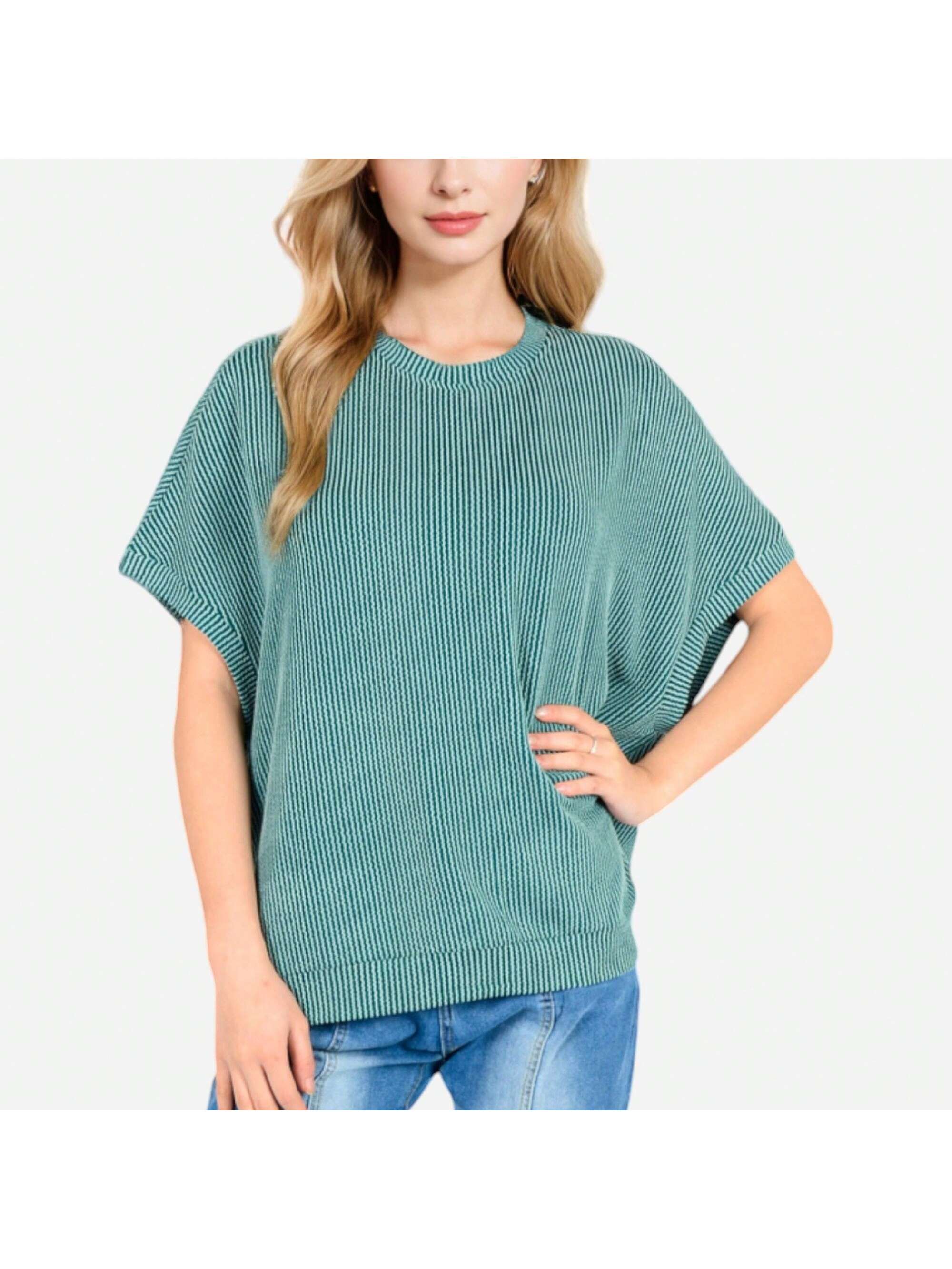 Women's Oversized Knit Pullover Top With Side Slits And Ribbed Texture - Picture 28 of 28