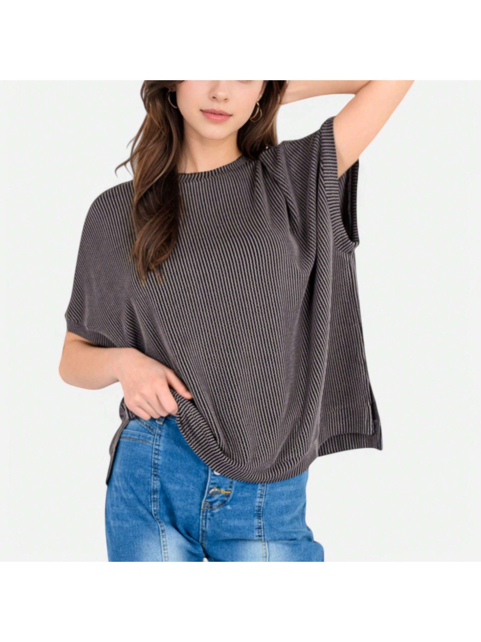 Women's Oversized Knit Pullover Top With Side Slits And Ribbed Texture - Picture 25 of 28