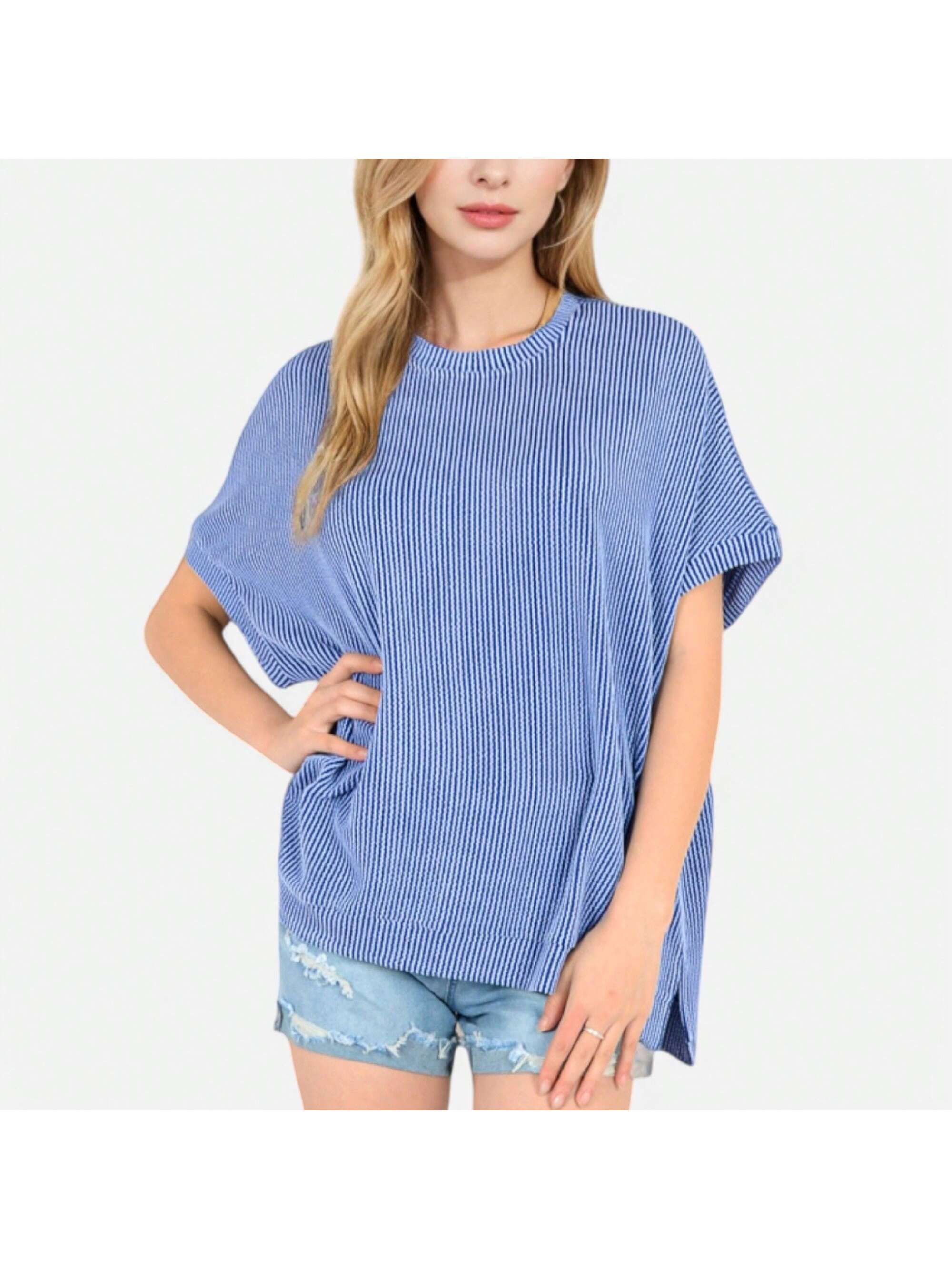 Women's Oversized Knit Pullover Top With Side Slits And Ribbed Texture - Picture 26 of 28