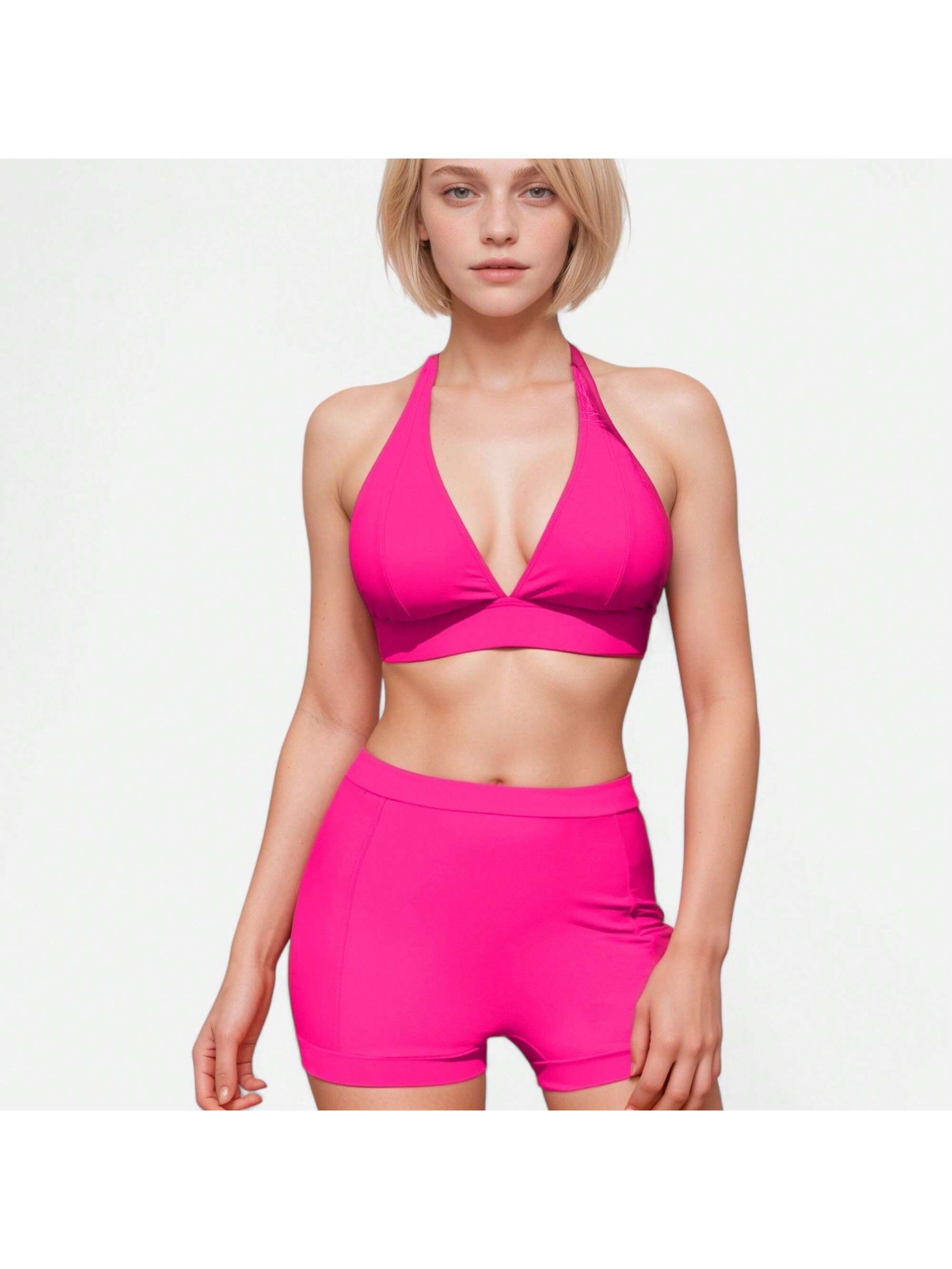 Women's Two Piece Bikini Set With Halter Triangle Top And High Waist Swim Shorts - Picture 26 of 28