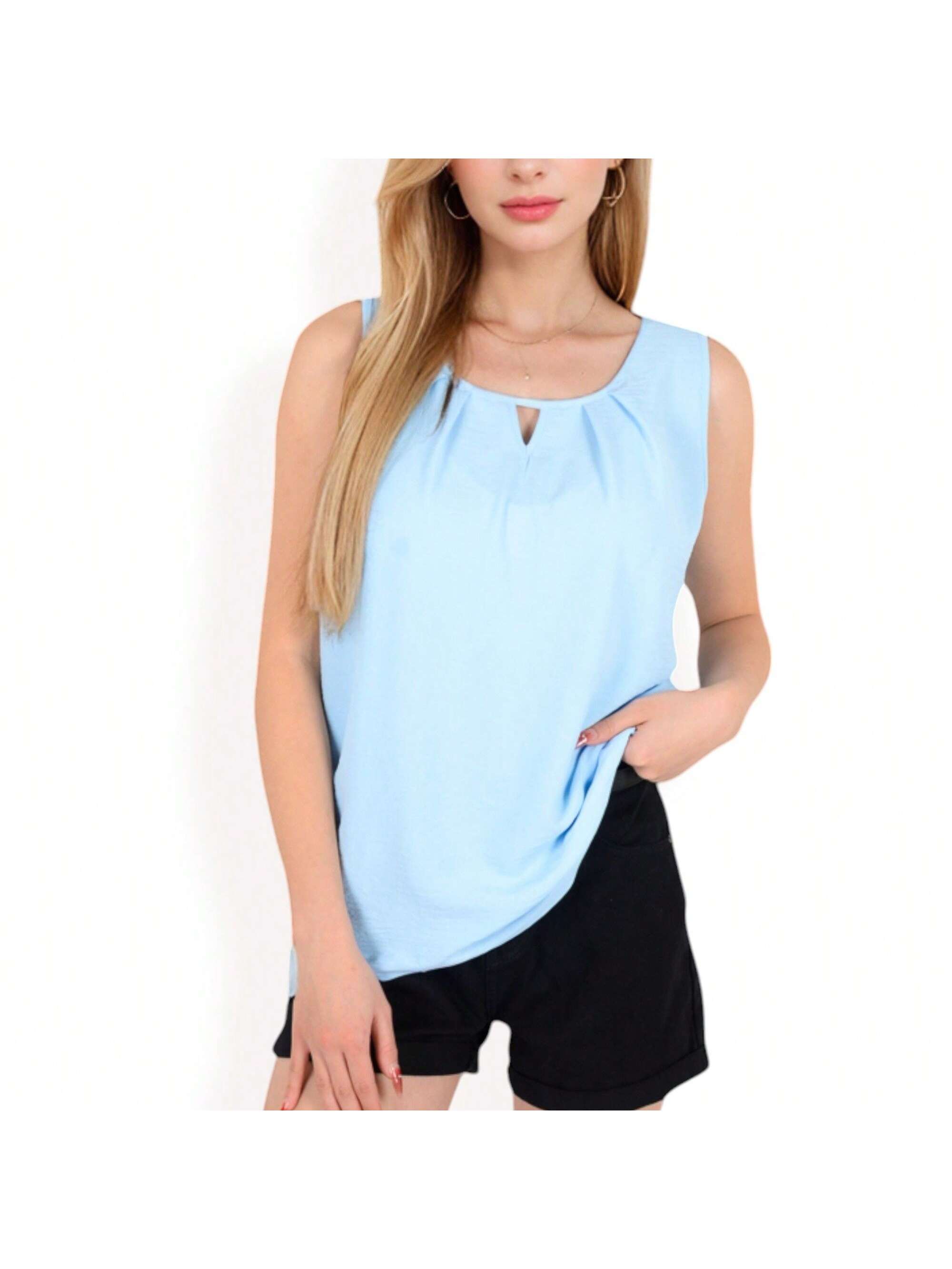 Women's Sleeveless Keyhole Top With Pleated Front Detail And Lightweight Texture - Picture 25 of 27