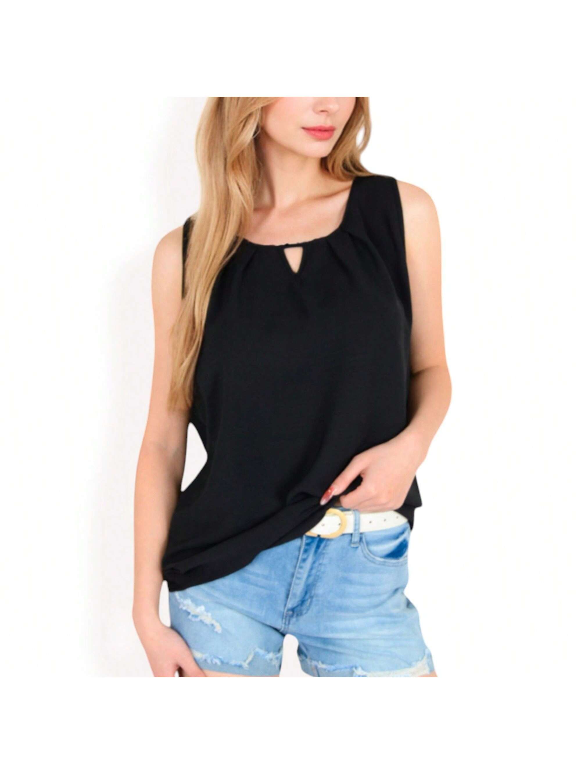 Women's Sleeveless Keyhole Top With Pleated Front Detail And Lightweight Texture - Picture 24 of 27