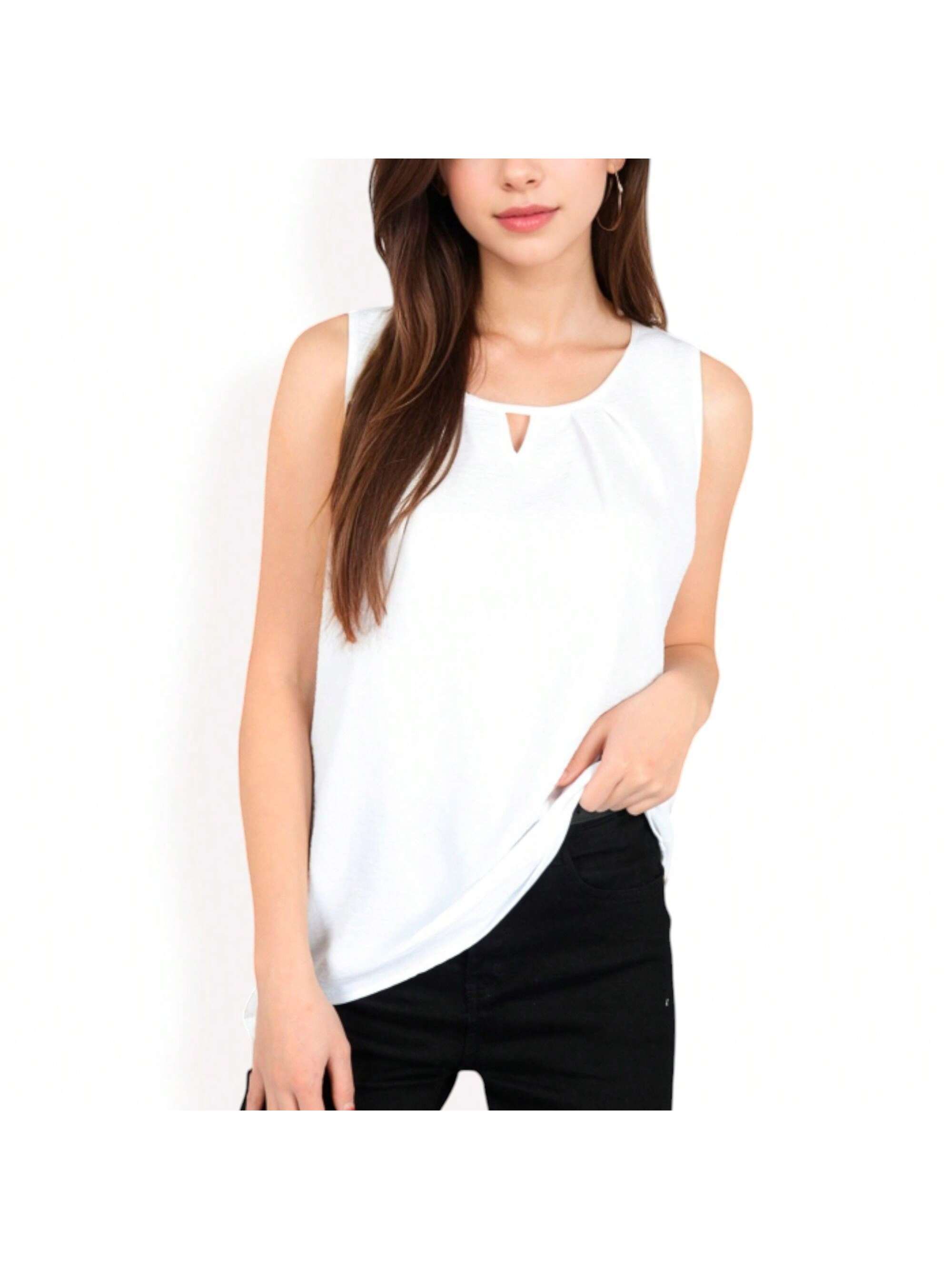 Women's Sleeveless Keyhole Top With Pleated Front Detail And Lightweight Texture - Picture 27 of 27