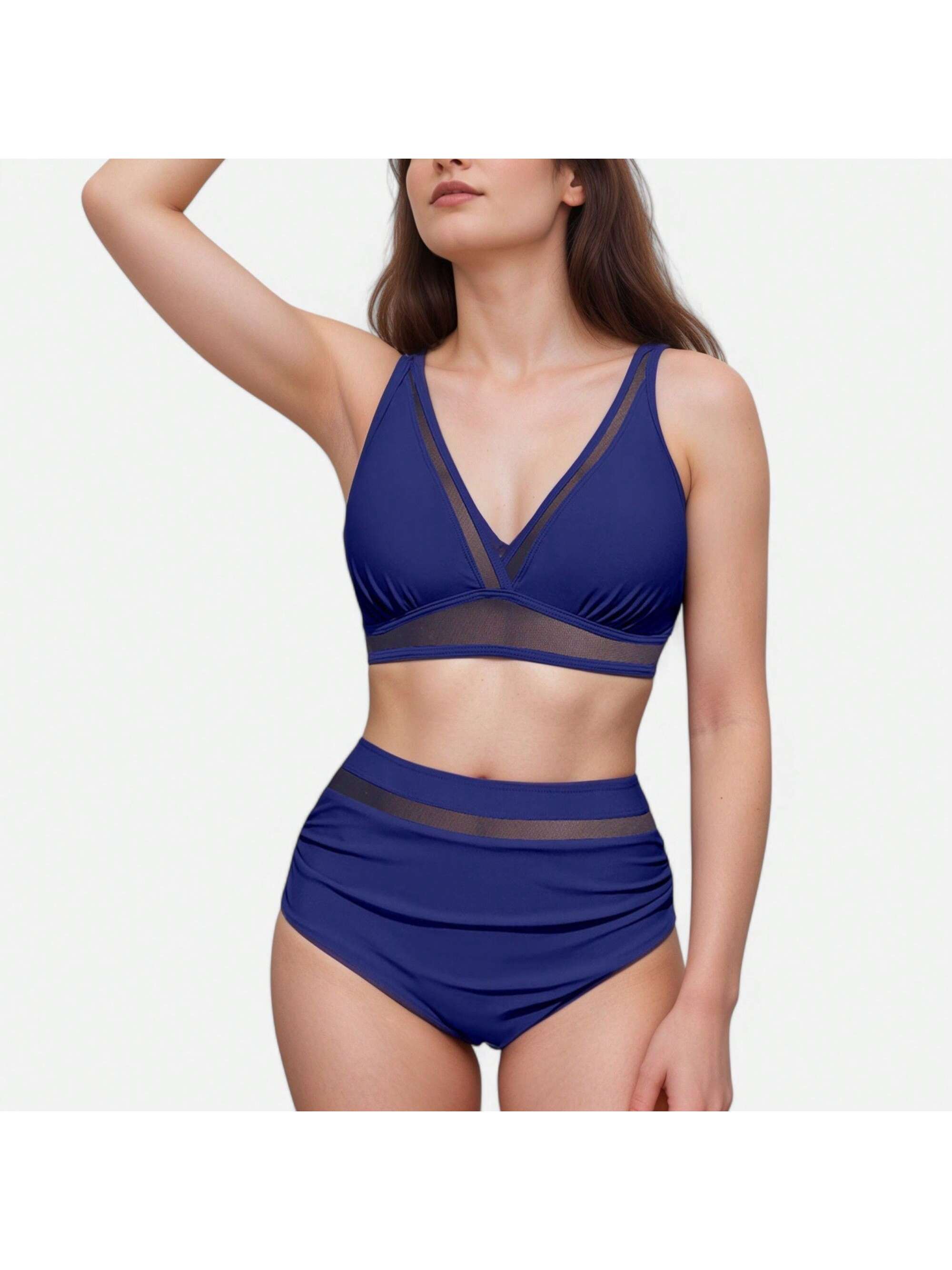 Women's Two Piece Swimsuit With Mesh Trim Deep V Neck Bikini Top And High Waiste - Picture 24 of 25