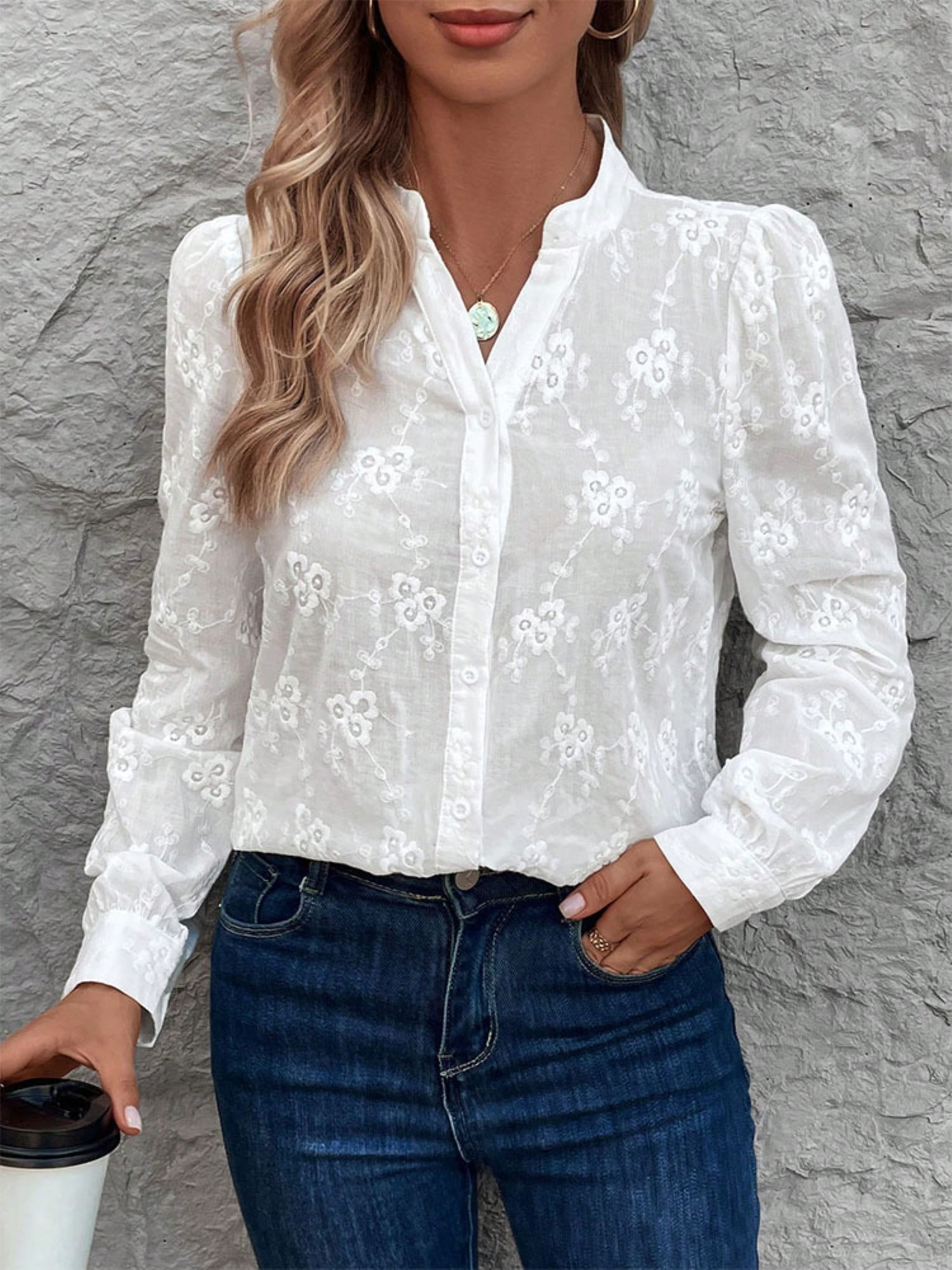 Women’s Floral Embroidered Button Up Blouse With Long Sleeves