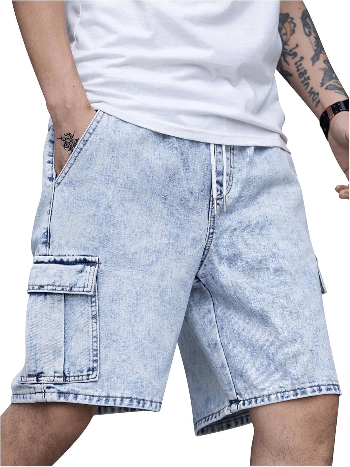 Men's Cargo Denim Shorts Drawstring Elastic Waist Flap Pockets Casual Fit - Picture 7 of 7