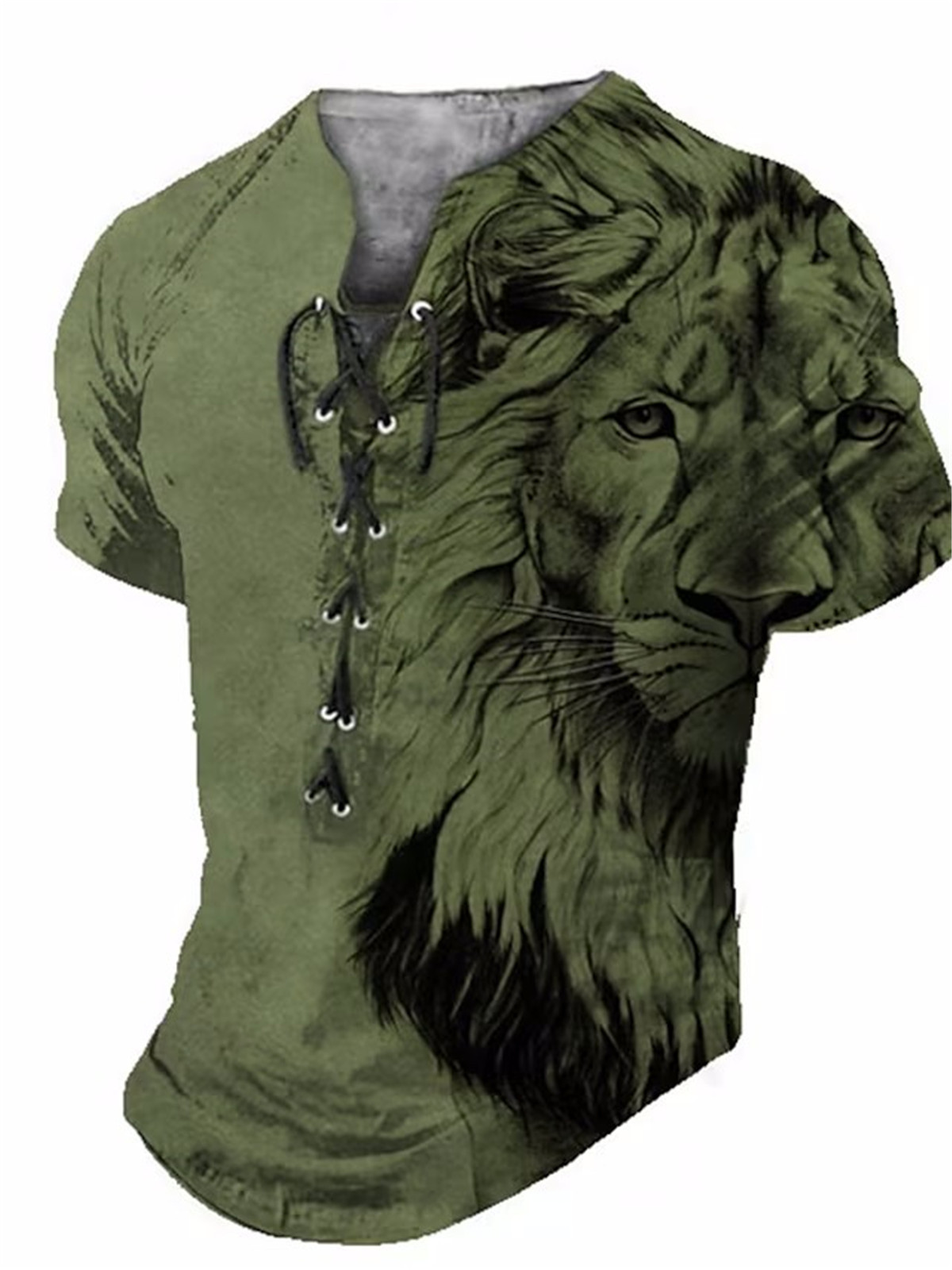 Men's Lace-Up Pullover Sports T Shirts Lion Printed Fitness Street Short Sleeve - Picture 4 of 14