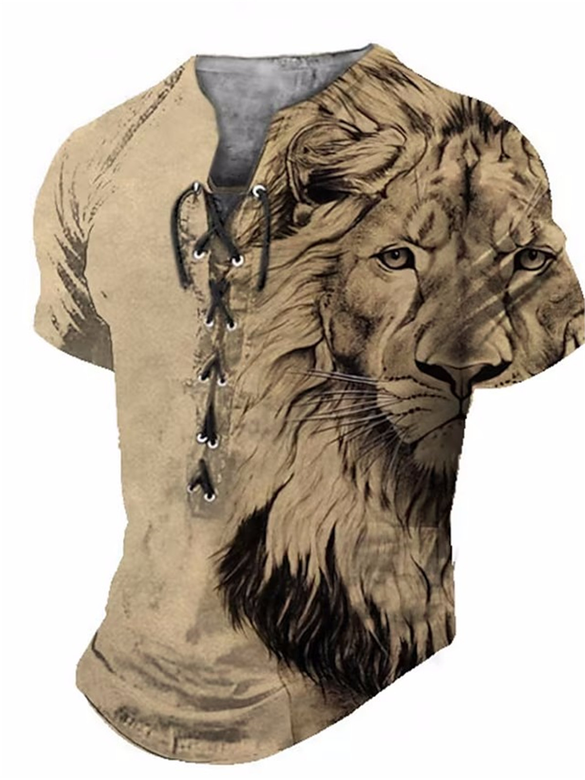 Men's Lace-Up Pullover Sports T Shirts Lion Printed Fitness Street Short Sleeve - Picture 5 of 14