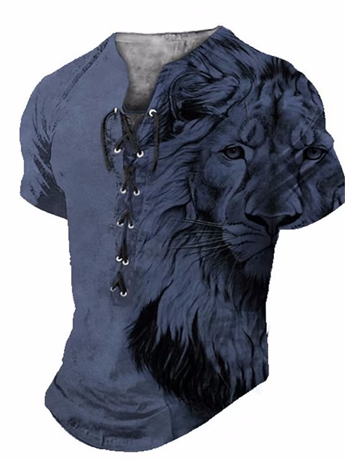 Men's Lace-Up Pullover Sports T Shirts Lion Printed Fitness Street Short Sleeve - Picture 7 of 14