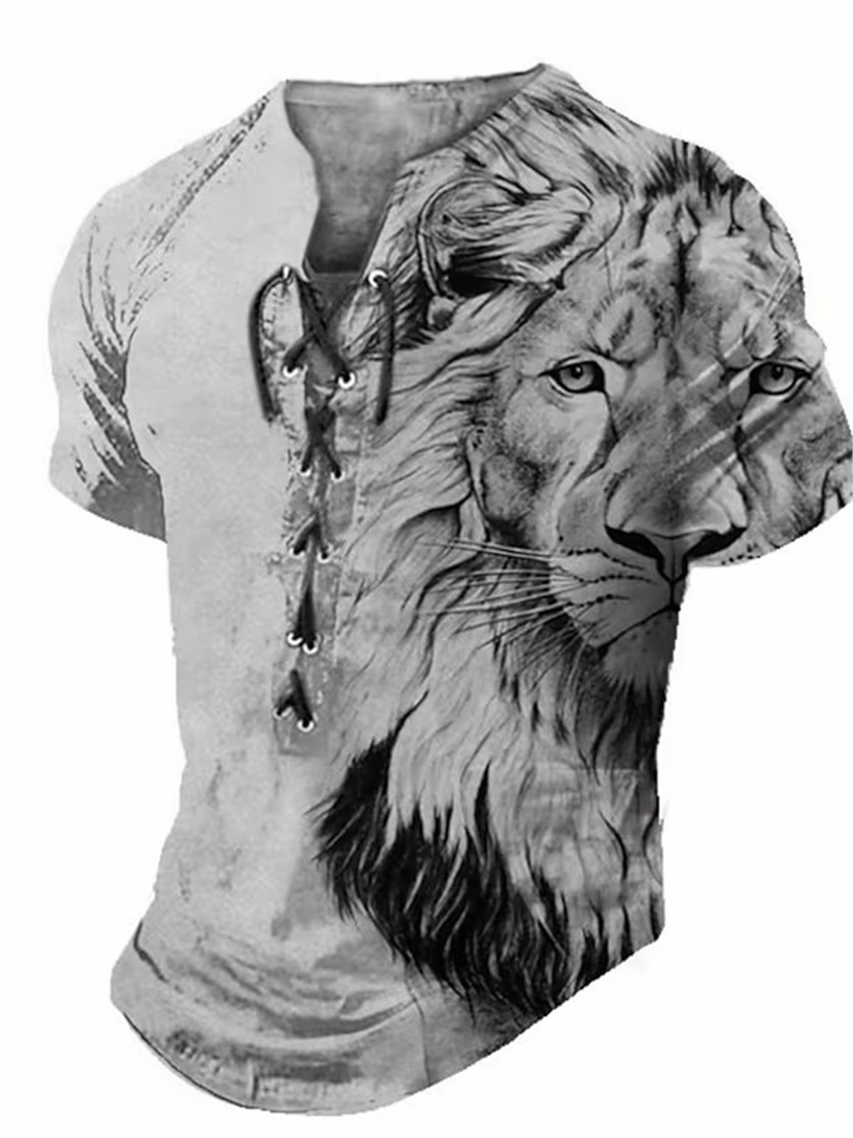 Men's Lace-Up Pullover Sports T Shirts Lion Printed Fitness Street Short Sleeve - Picture 10 of 14
