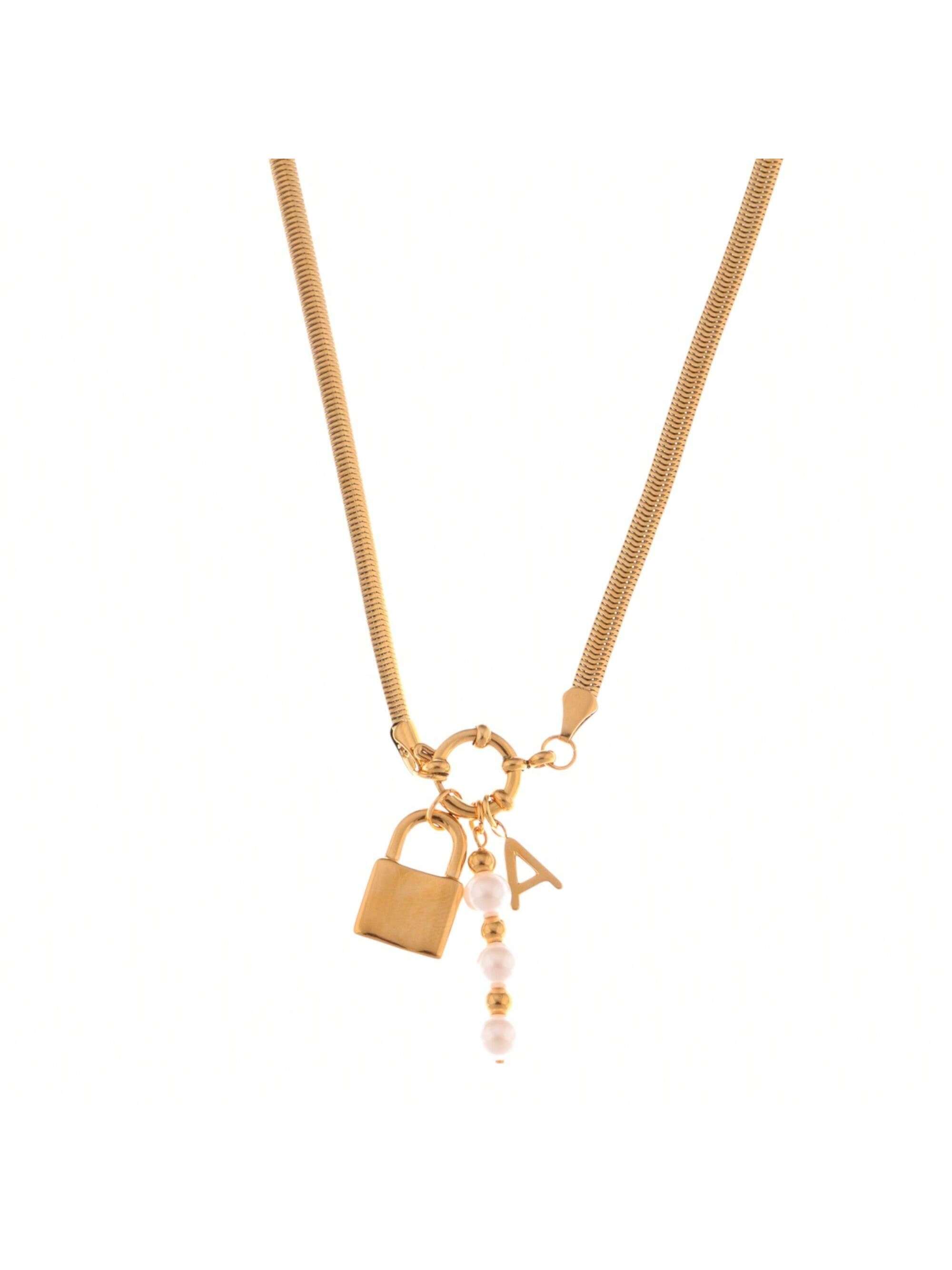 Gold-Tone Lock Pendant Necklace With Pearl And Initial Charm Details - Gold - Picture 5 of 5