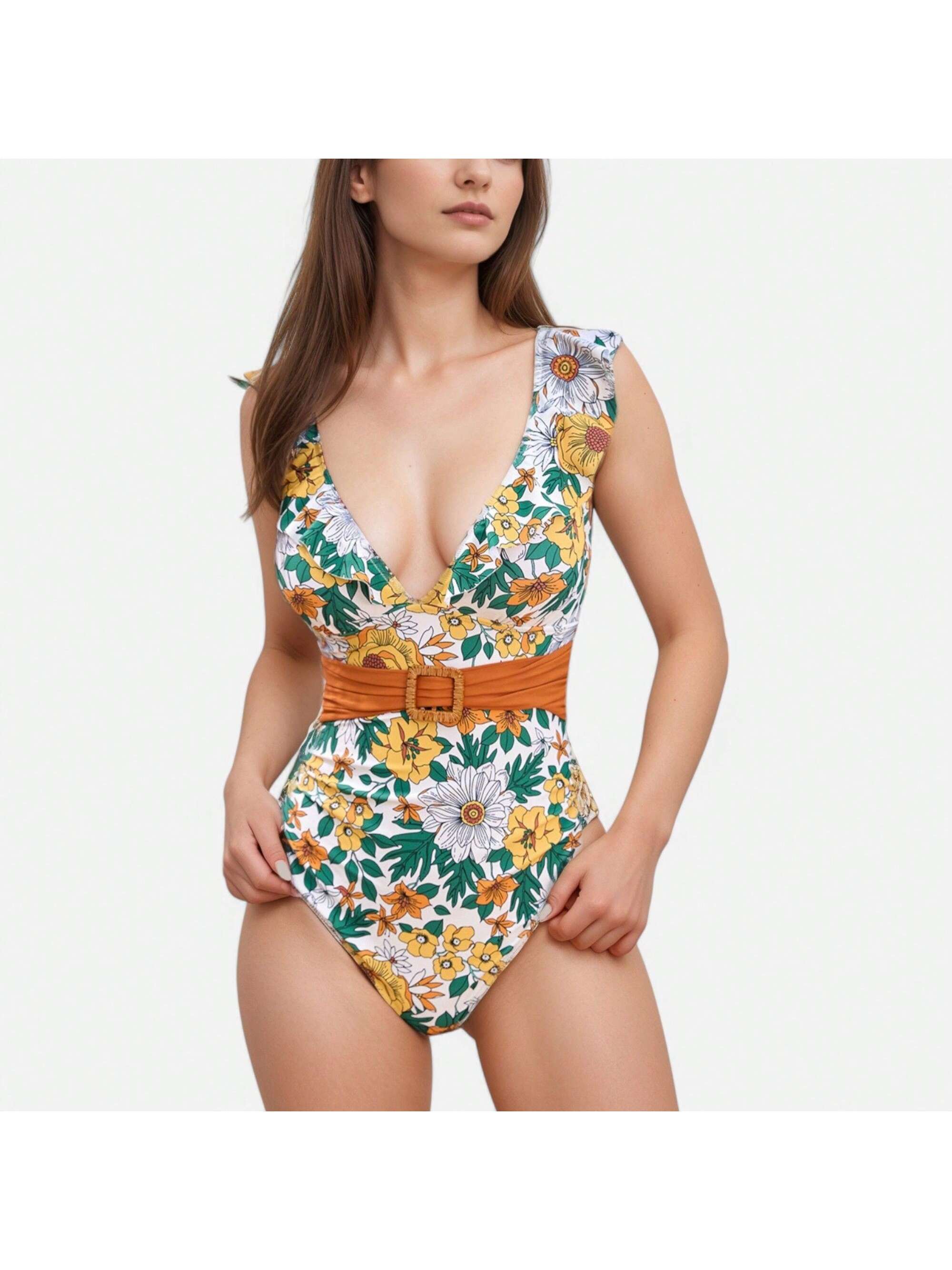 Women's Ruffle Trim One Piece Swimsuit With Deep V Neckline And Decorative Belt - Picture 29 of 29