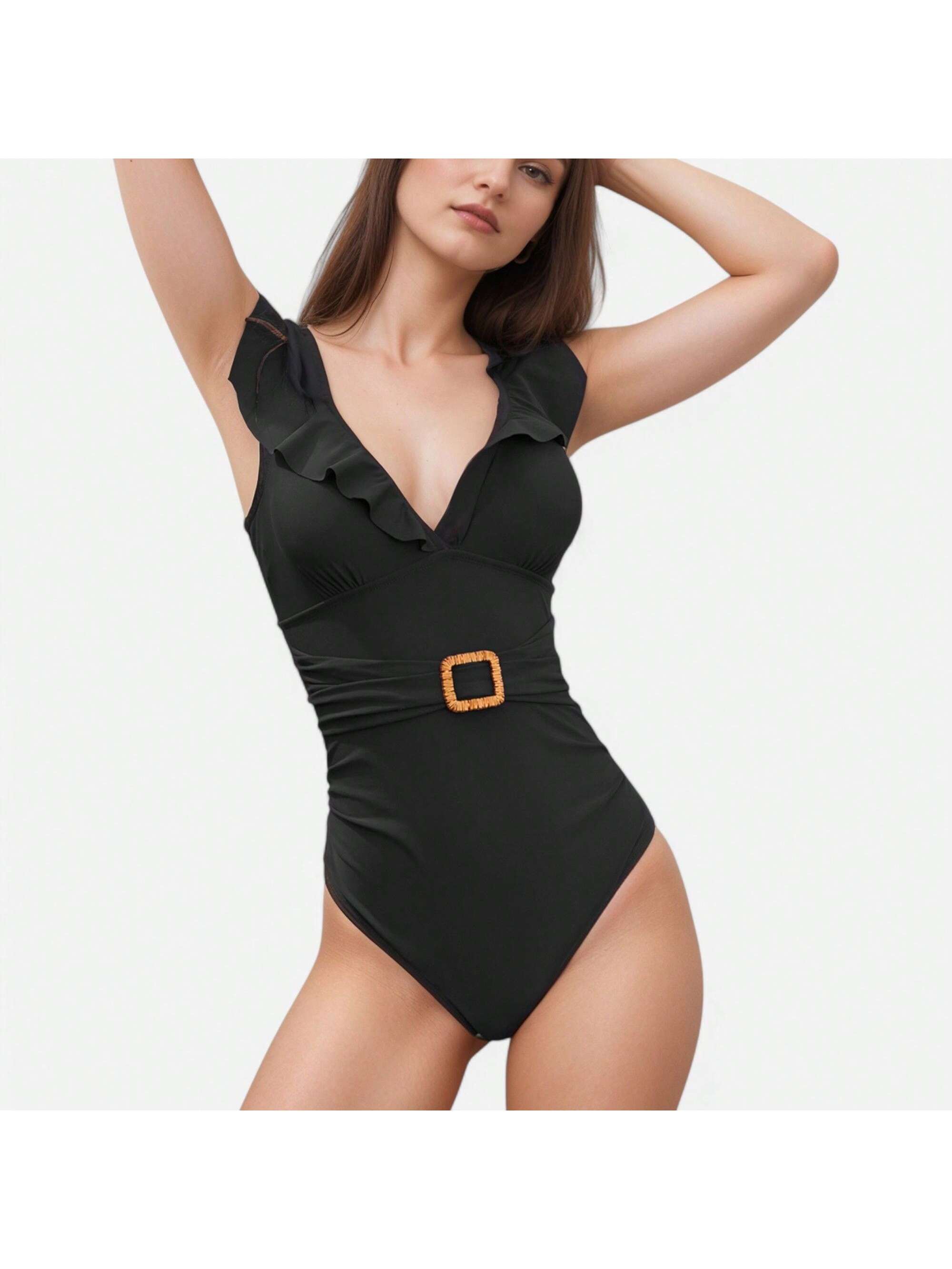 Women's Ruffle Trim One Piece Swimsuit With Deep V Neckline And Decorative Belt - Picture 25 of 29