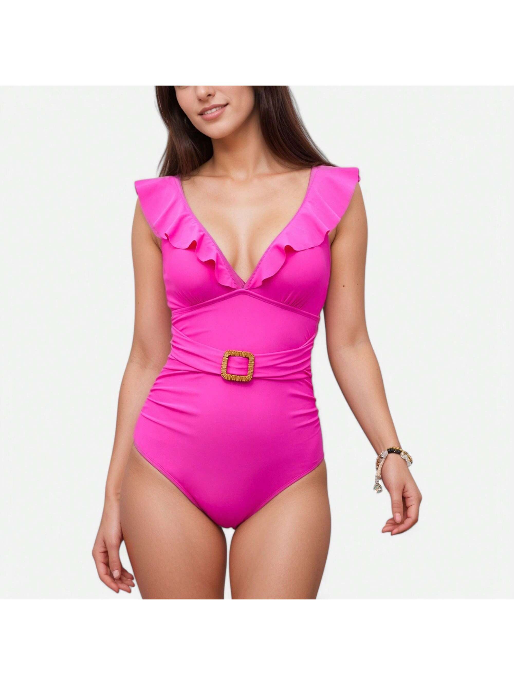 Women's Ruffle Trim One Piece Swimsuit With Deep V Neckline And Decorative Belt - Picture 26 of 29