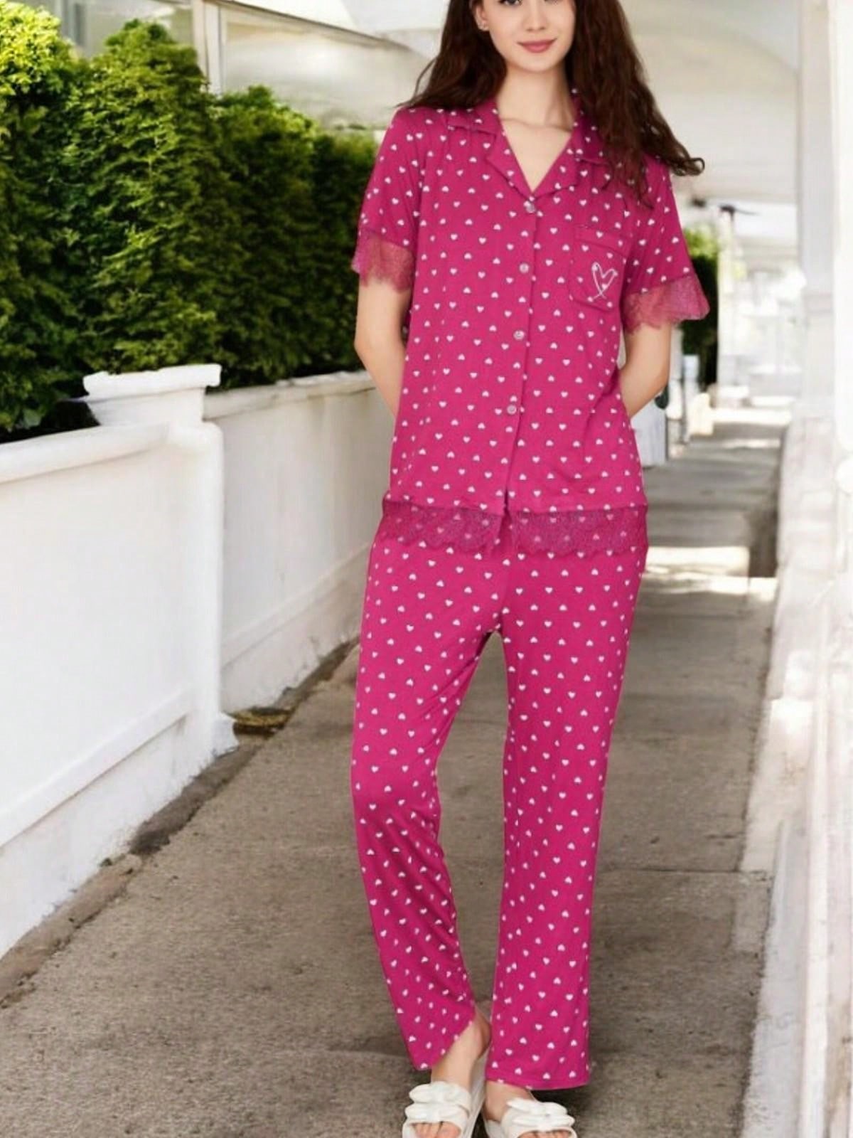 Women's Heart Print Short Sleeve Button-Up Pajama Set With Pocket Detail - Picture 14 of 15