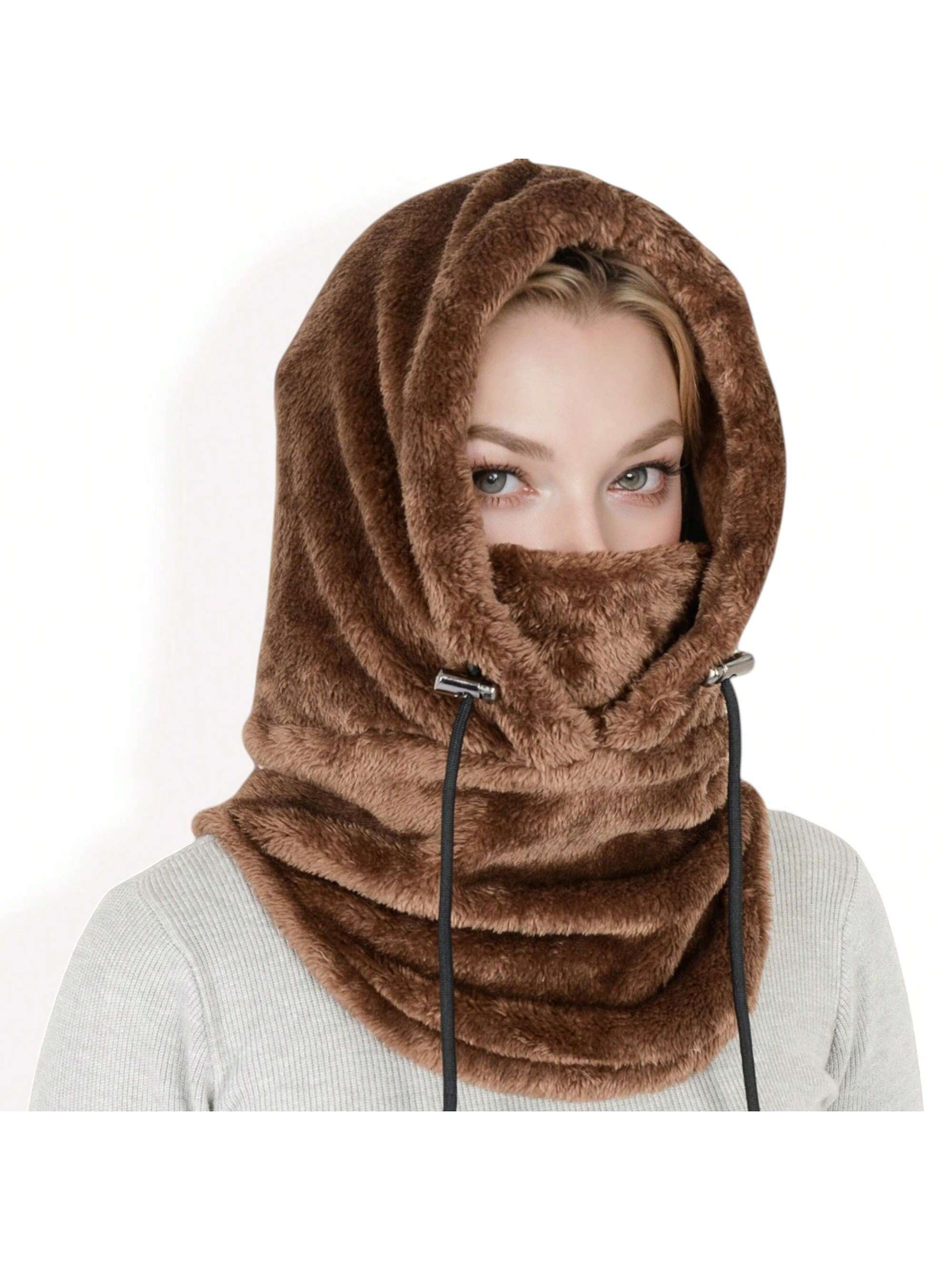 Bufanda con capucha de piel de oveja sintética para mujer con cordones ajustables y cuello extendido - Imagen 28 de 28