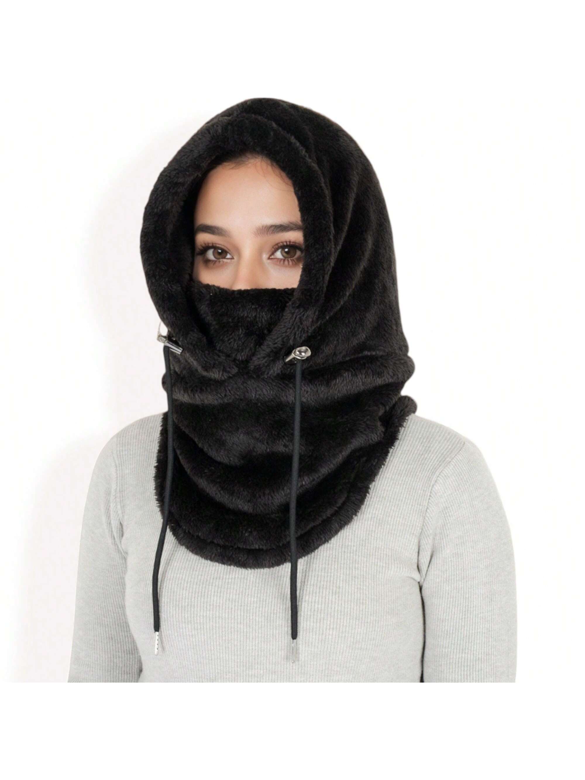 Bufanda con capucha de piel de oveja sintética para mujer con cordones ajustables y cuello extendido - Imagen 27 de 28