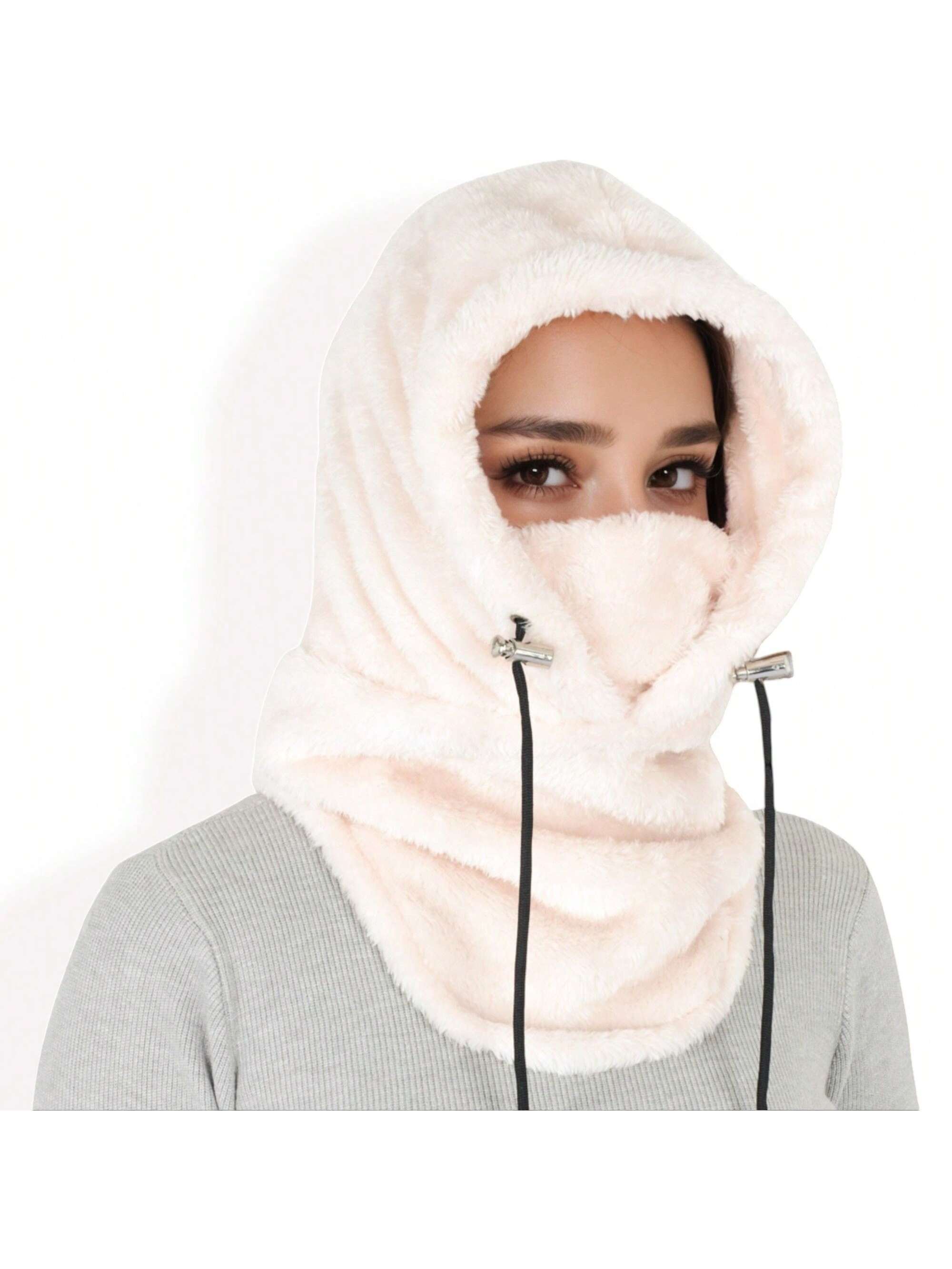 Bufanda con capucha de piel de oveja sintética para mujer con cordones ajustables y cuello extendido - Imagen 24 de 28