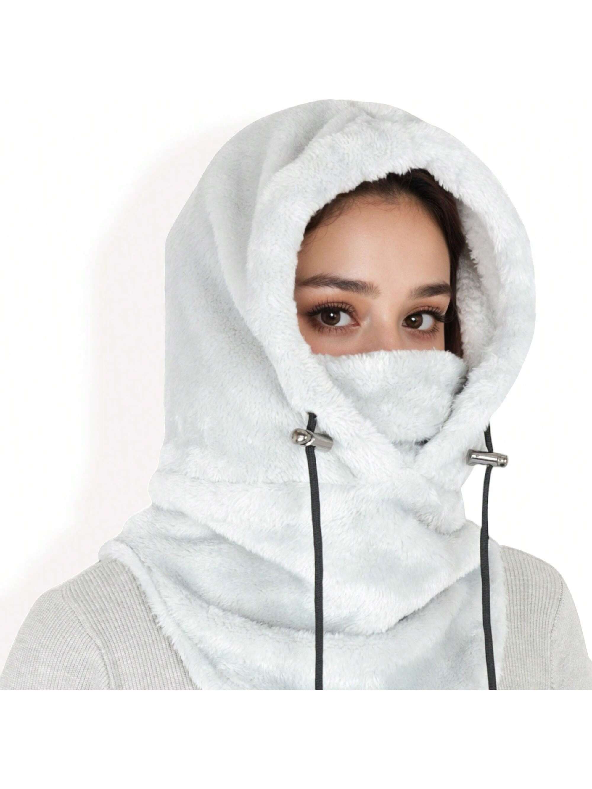 Bufanda con capucha de piel de oveja sintética para mujer con cordones ajustables y cuello extendido - Imagen 26 de 28