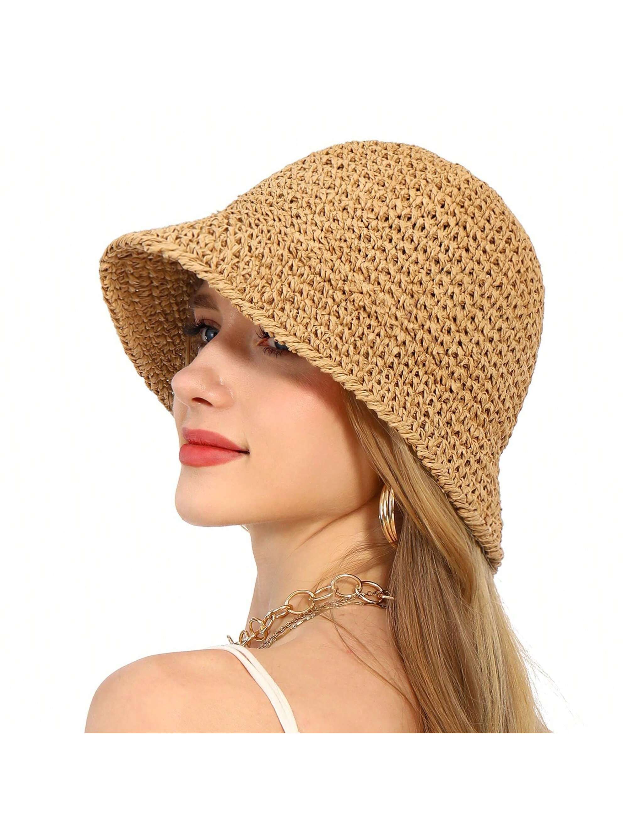 Sombrero cubo de rafia de ganchillo ligero plegable ala ancha sombrero para sol para suma elegante - Imagen 23 de 24