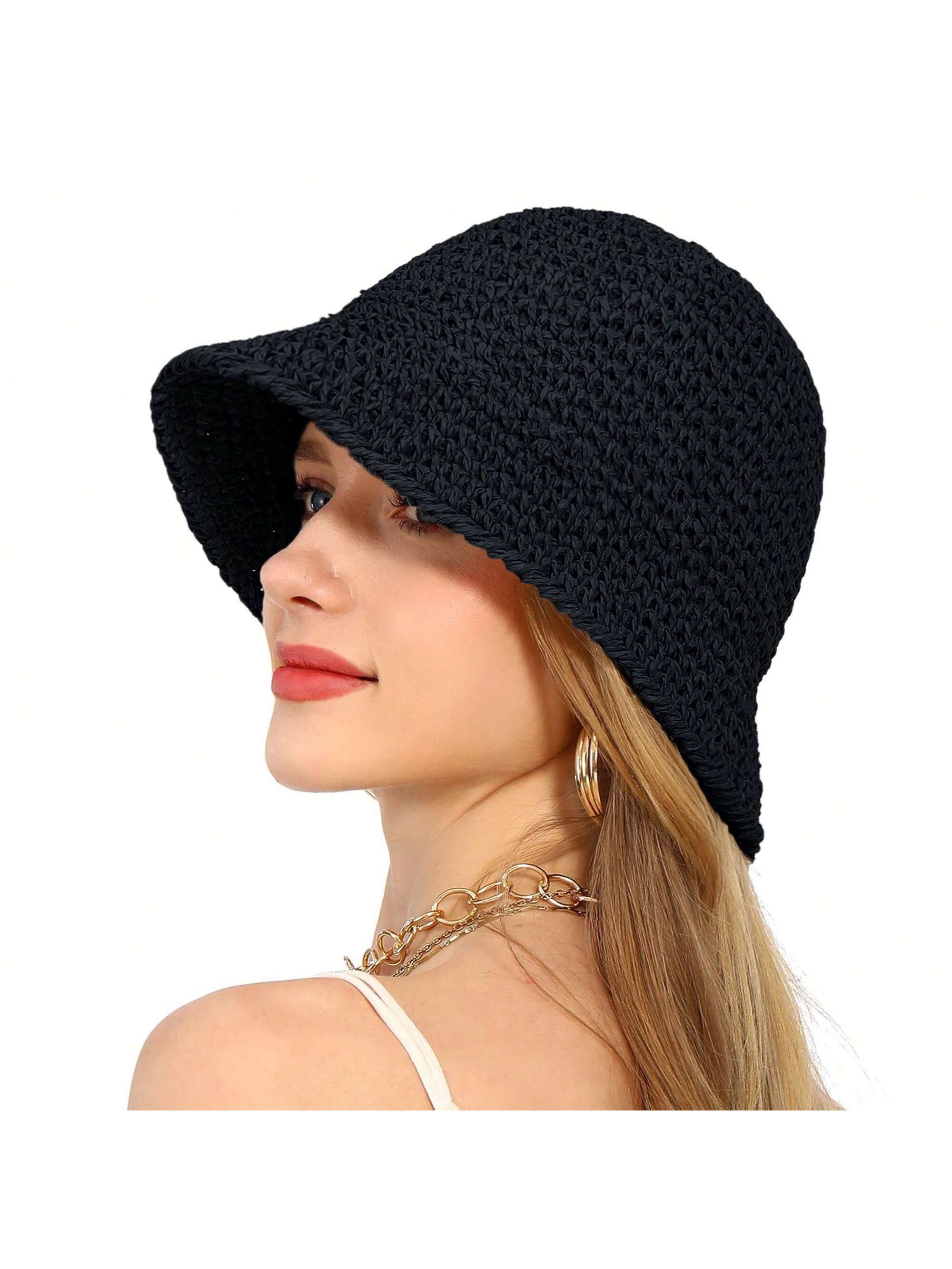 Sombrero cubo de rafia de ganchillo ligero plegable ala ancha sombrero para sol para suma elegante - Imagen 21 de 24