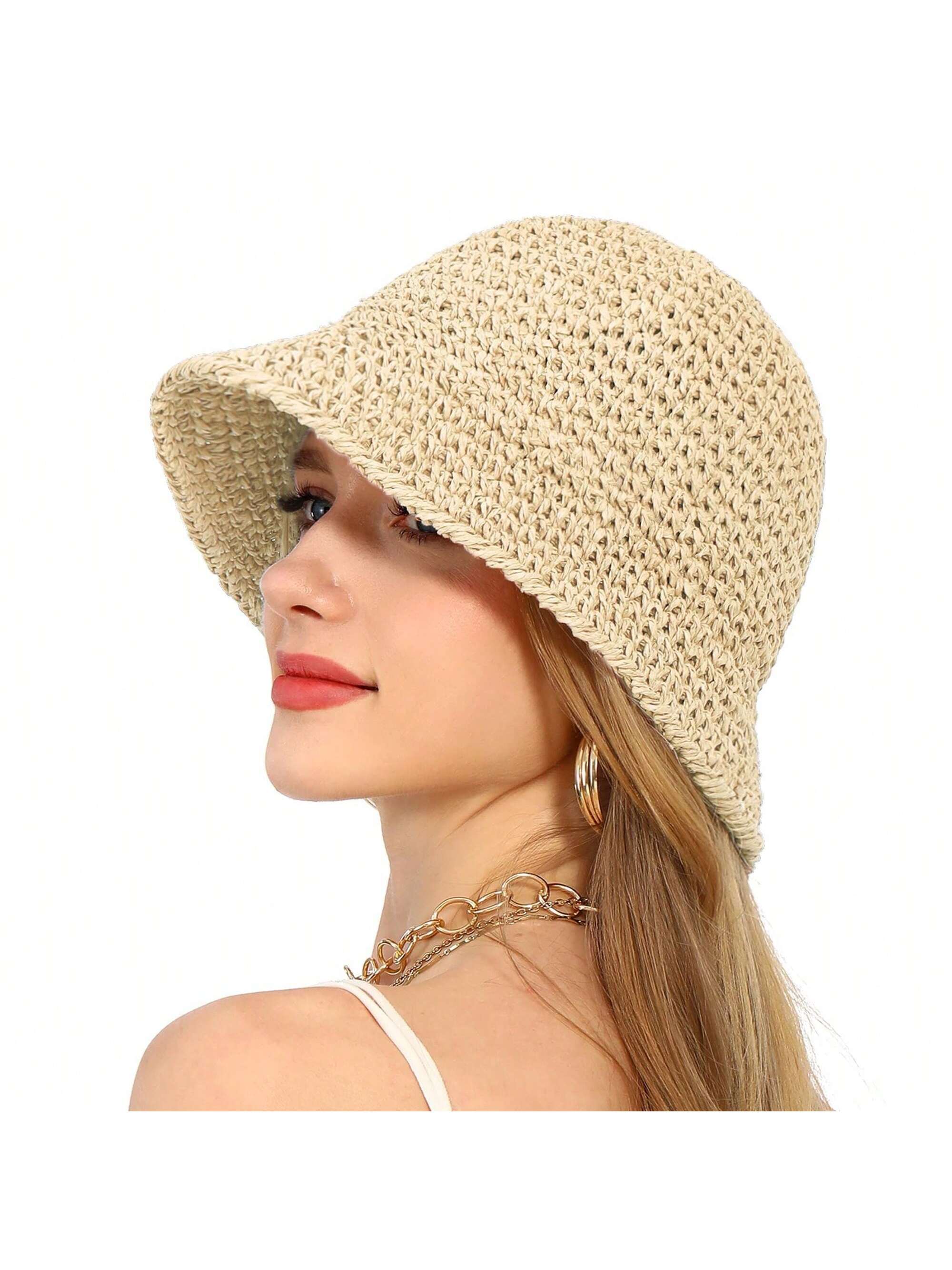 Sombrero cubo de rafia de ganchillo ligero plegable ala ancha sombrero para sol para suma elegante - Imagen 24 de 24