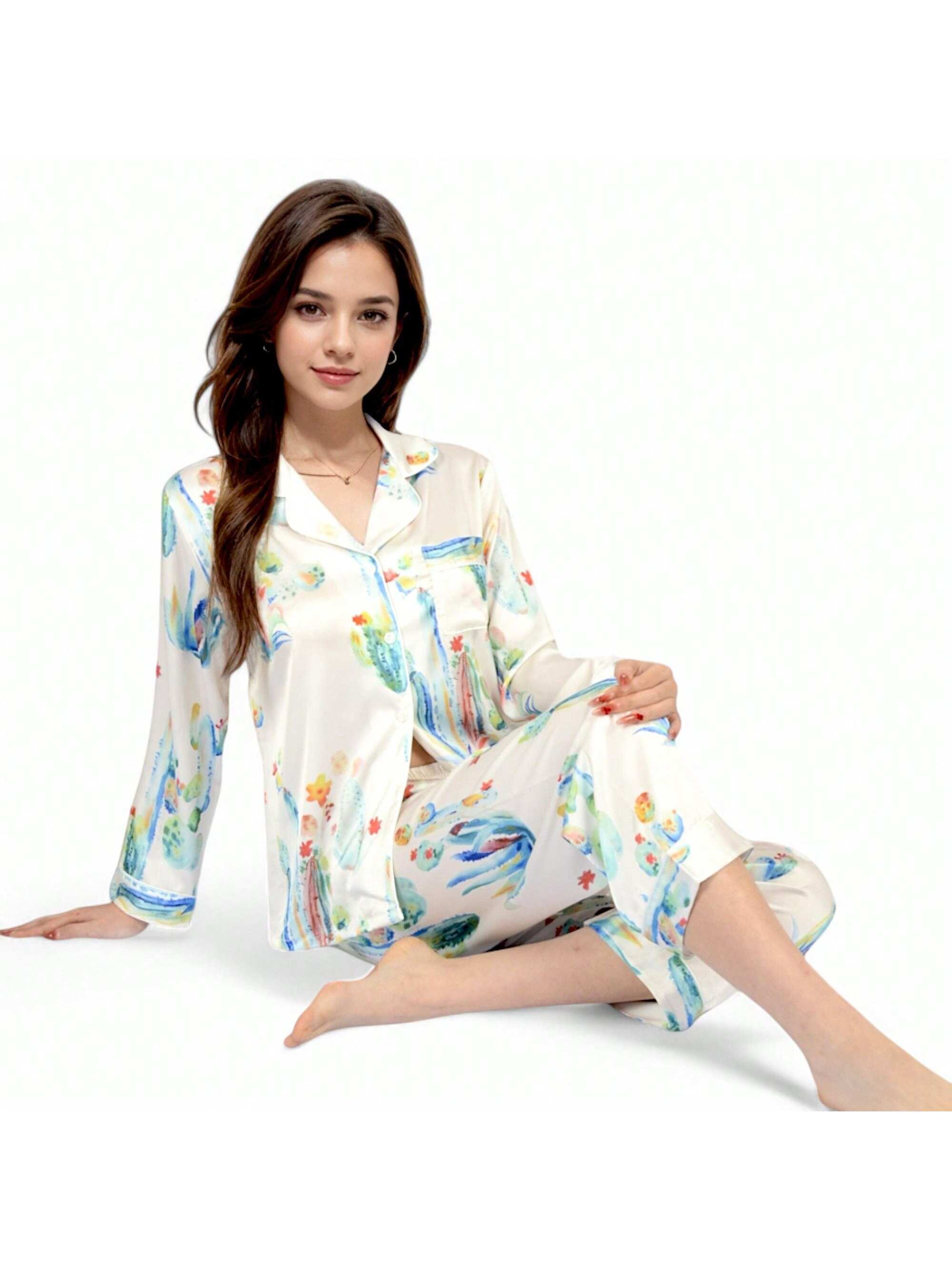 Women's Satin Pajama Set With Cactus Print And Relaxed Fit - Picture 9 of 9