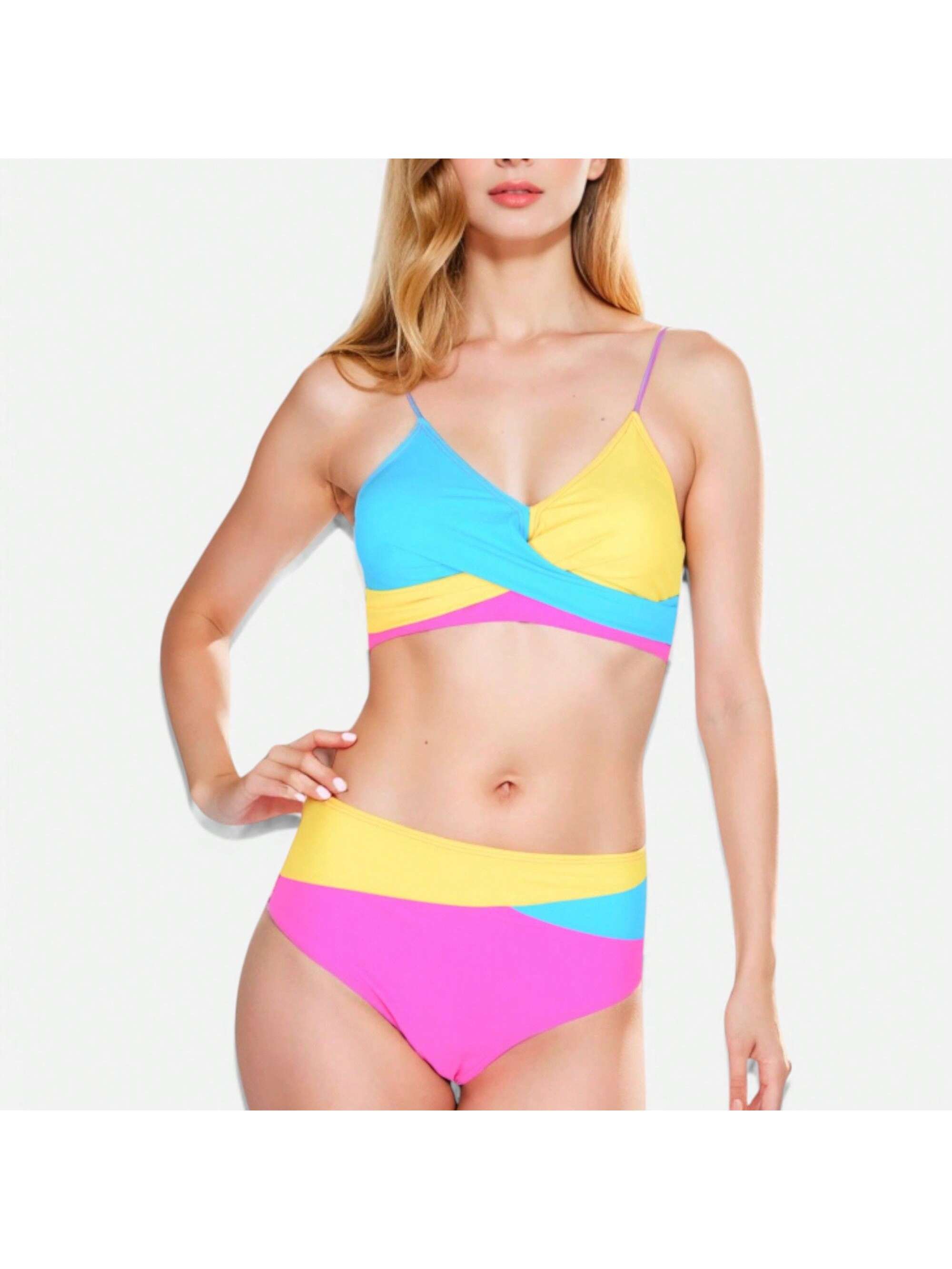 Women's Colorblock Bikini Set With Crisscross Wrap Top And High Waist Bottoms - Picture 20 of 21