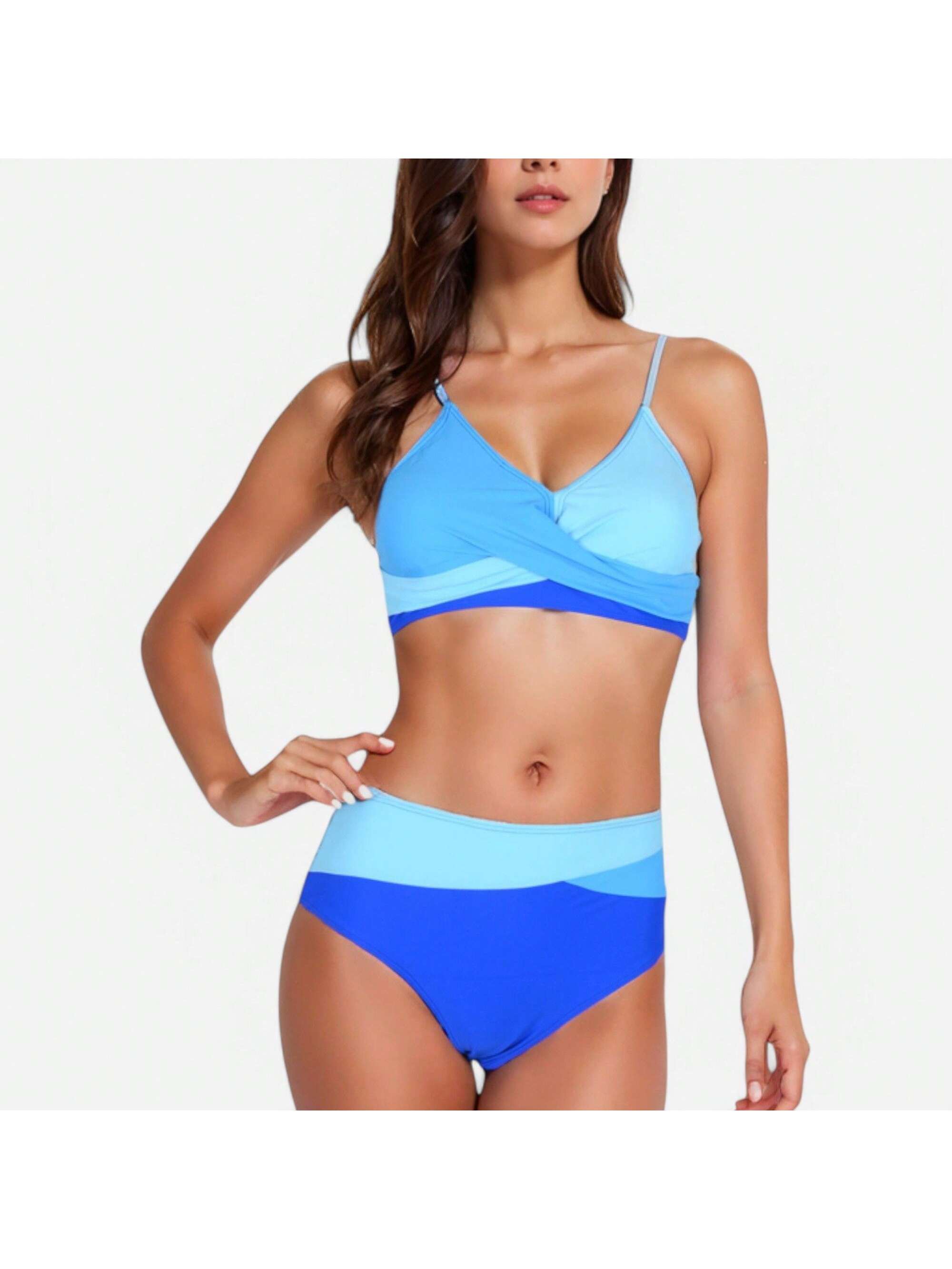 Women's Colorblock Bikini Set With Crisscross Wrap Top And High Waist Bottoms - Picture 19 of 21