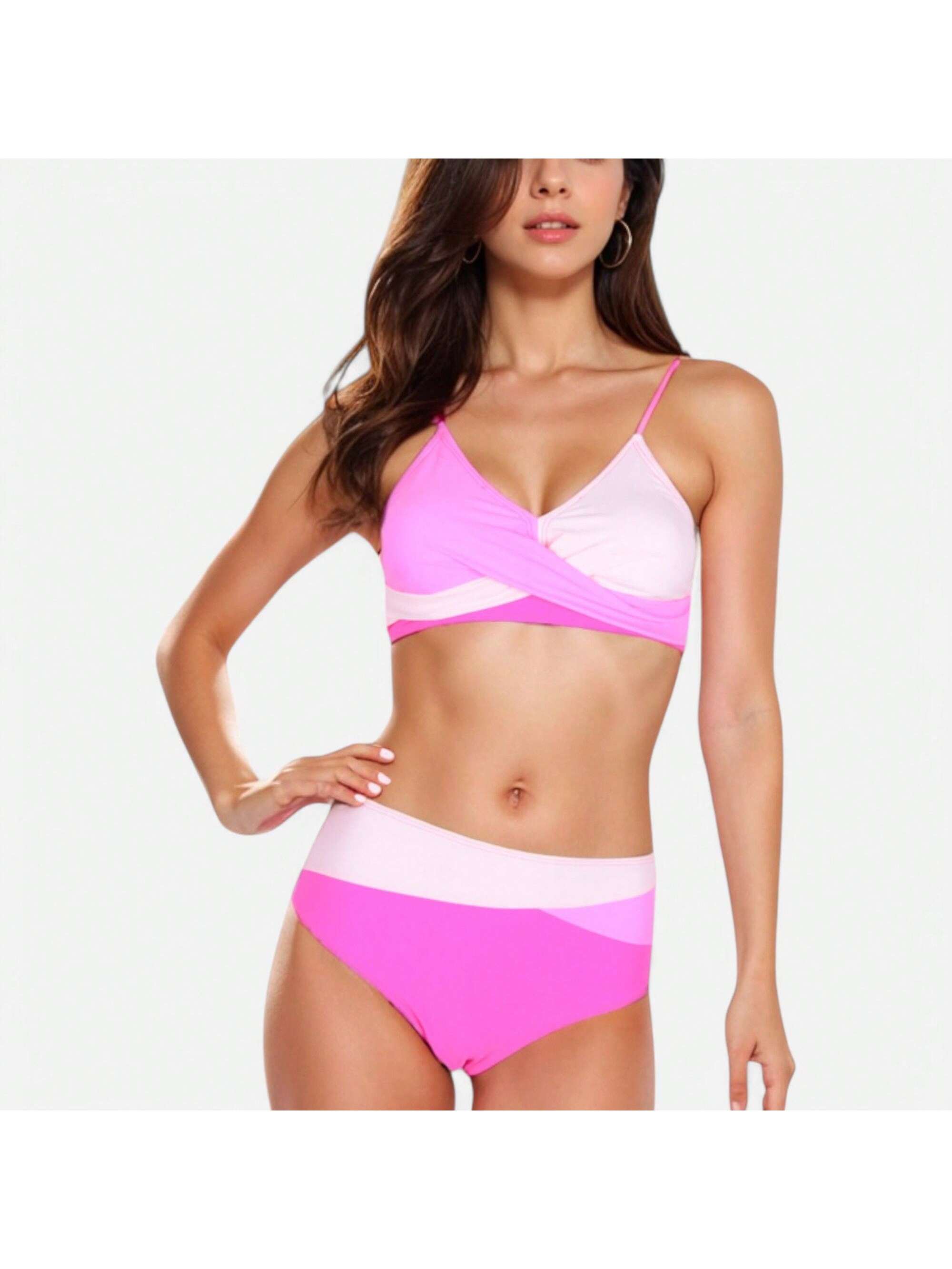 Women's Colorblock Bikini Set With Crisscross Wrap Top And High Waist Bottoms - Picture 21 of 21