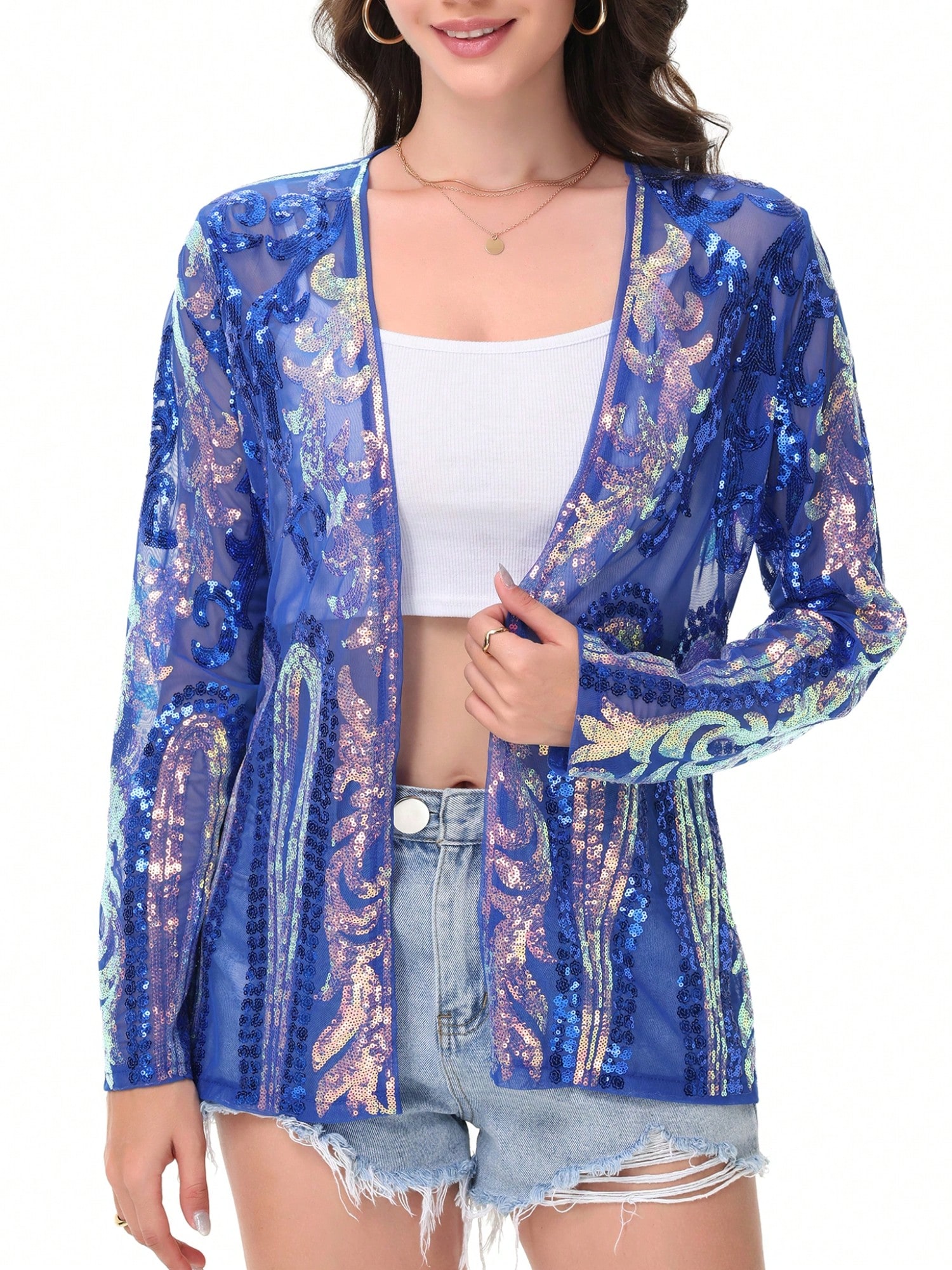 Women's Sparkly Sequin Cardigan Long Sleeve Open Front Glitter Party Evening Jac - Picture 26 of 32