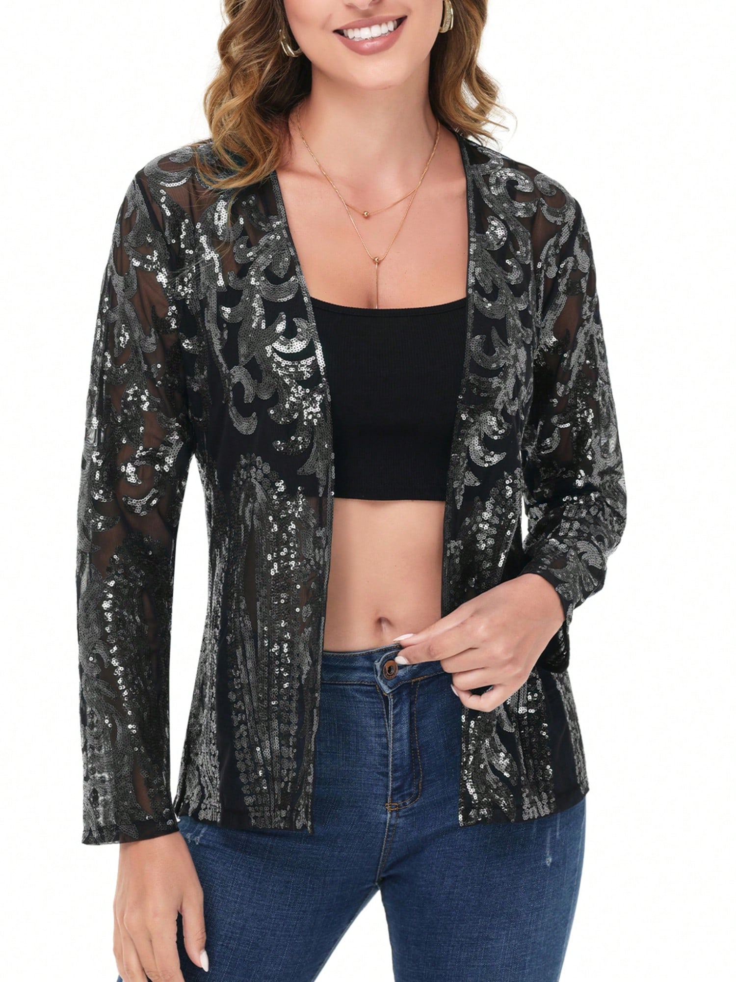 Women's Sparkly Sequin Cardigan Long Sleeve Open Front Glitter Party Evening Jac - Picture 25 of 32