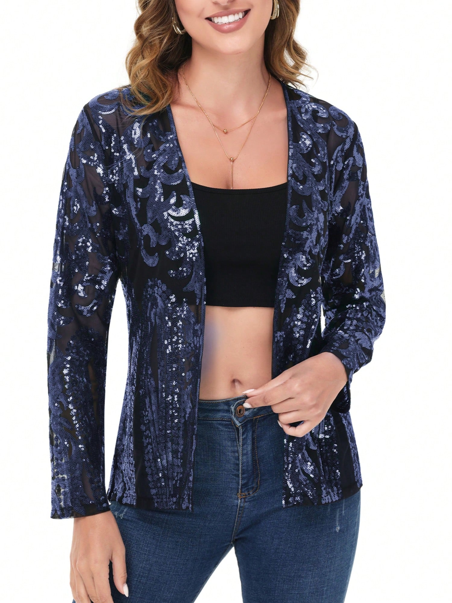 Women's Sparkly Sequin Cardigan Long Sleeve Open Front Glitter Party Evening Jac - Picture 27 of 32