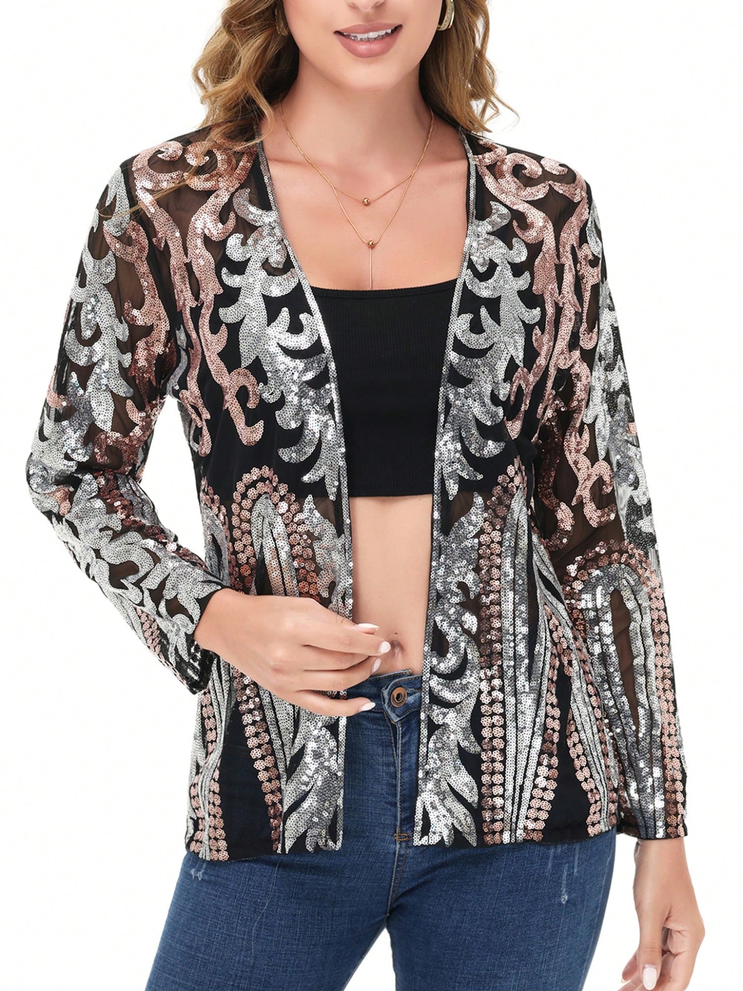 Women's Sparkly Sequin Cardigan Long Sleeve Open Front Glitter Party Evening Jac - Picture 28 of 32