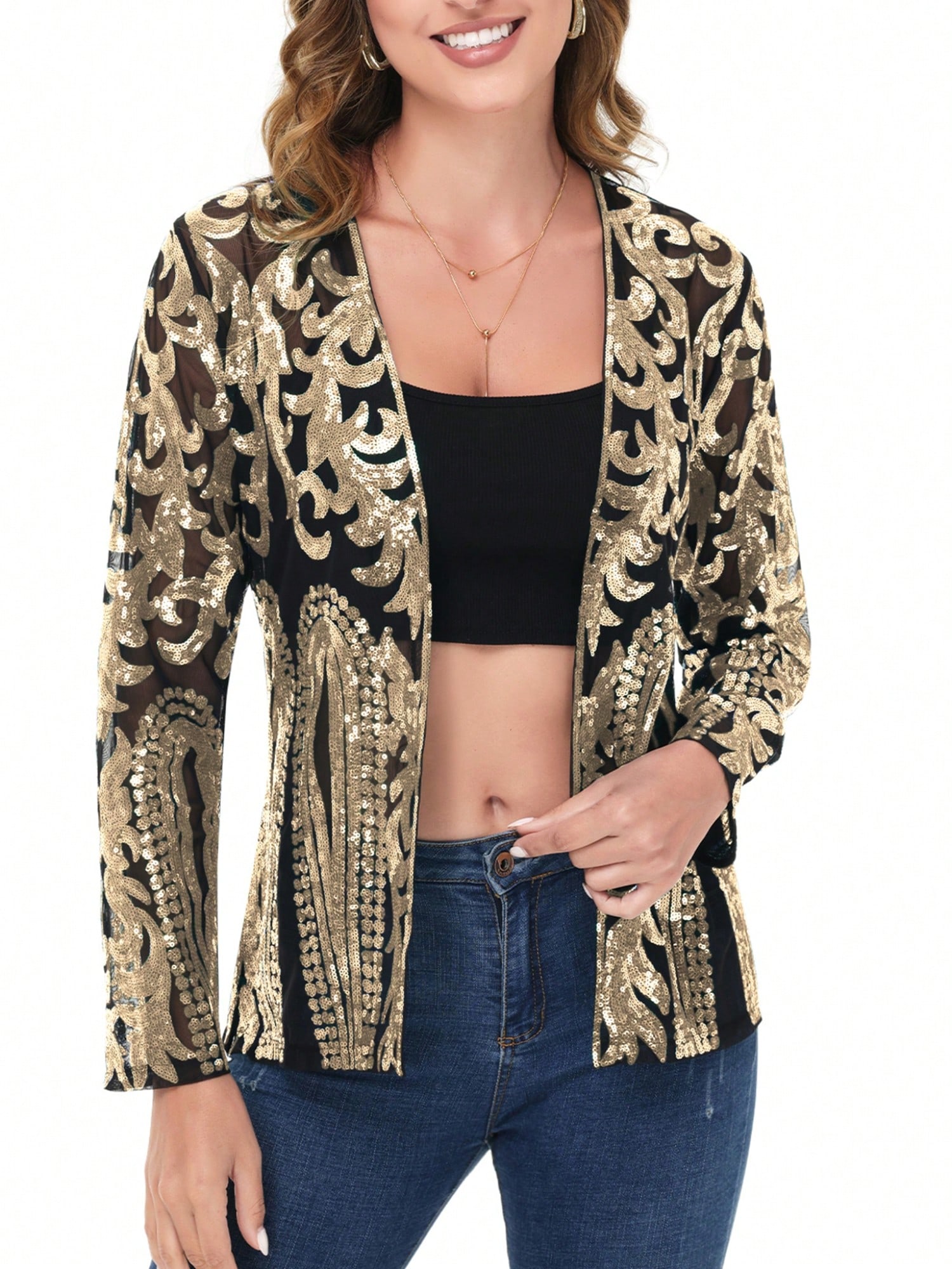 Women's Sparkly Sequin Cardigan Long Sleeve Open Front Glitter Party Evening Jac - Picture 29 of 32