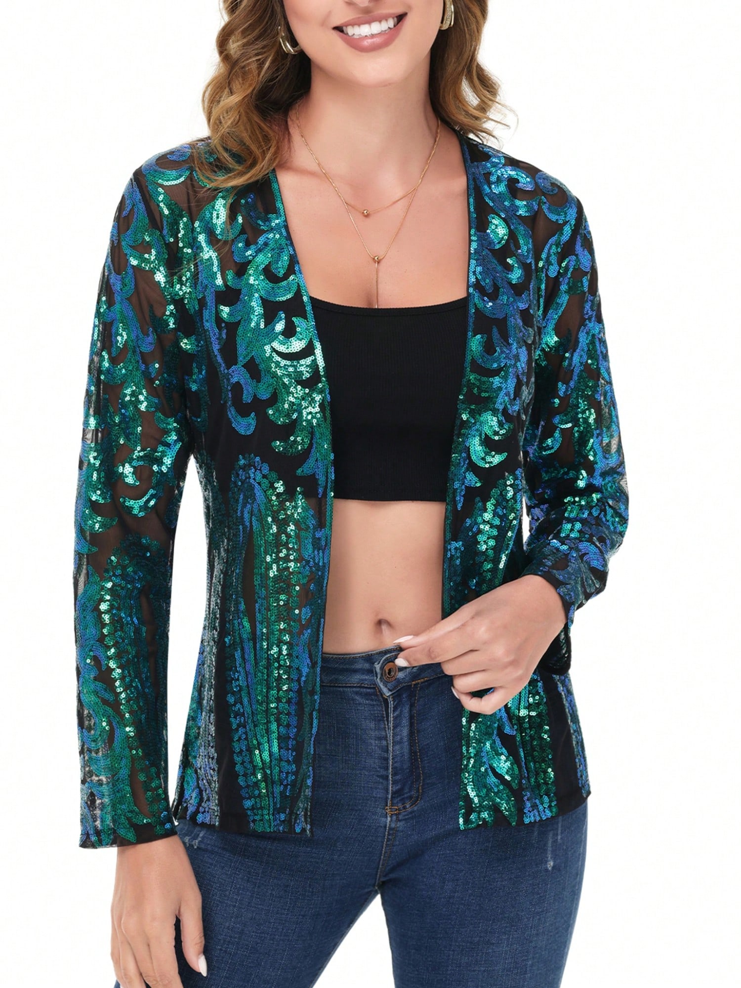 Women's Sparkly Sequin Cardigan Long Sleeve Open Front Glitter Party Evening Jac - Picture 32 of 32