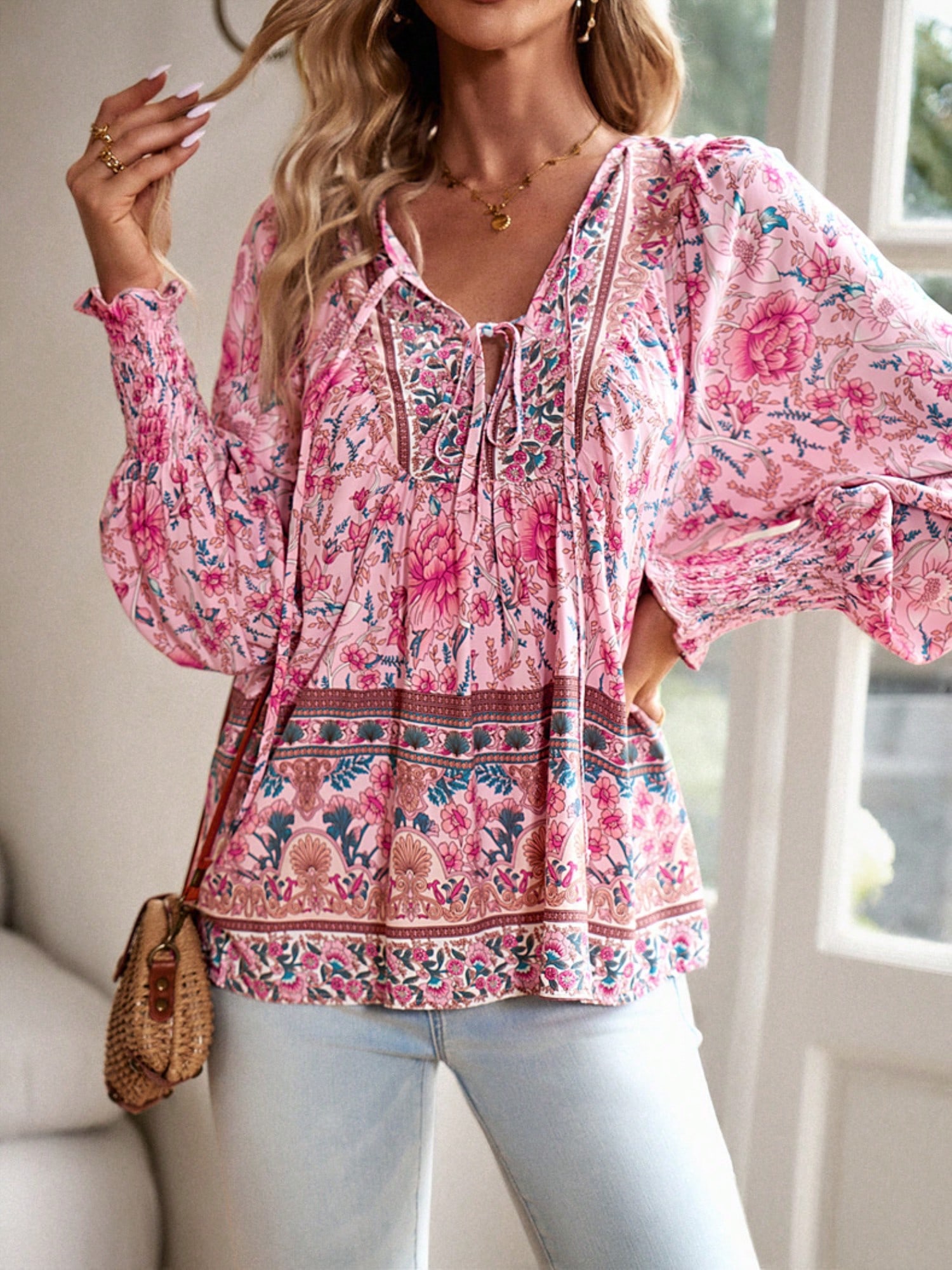 Women's Floral Boho Peasant Blouse With Long Sleeves And Tassel Tie - Picture 22 of 24
